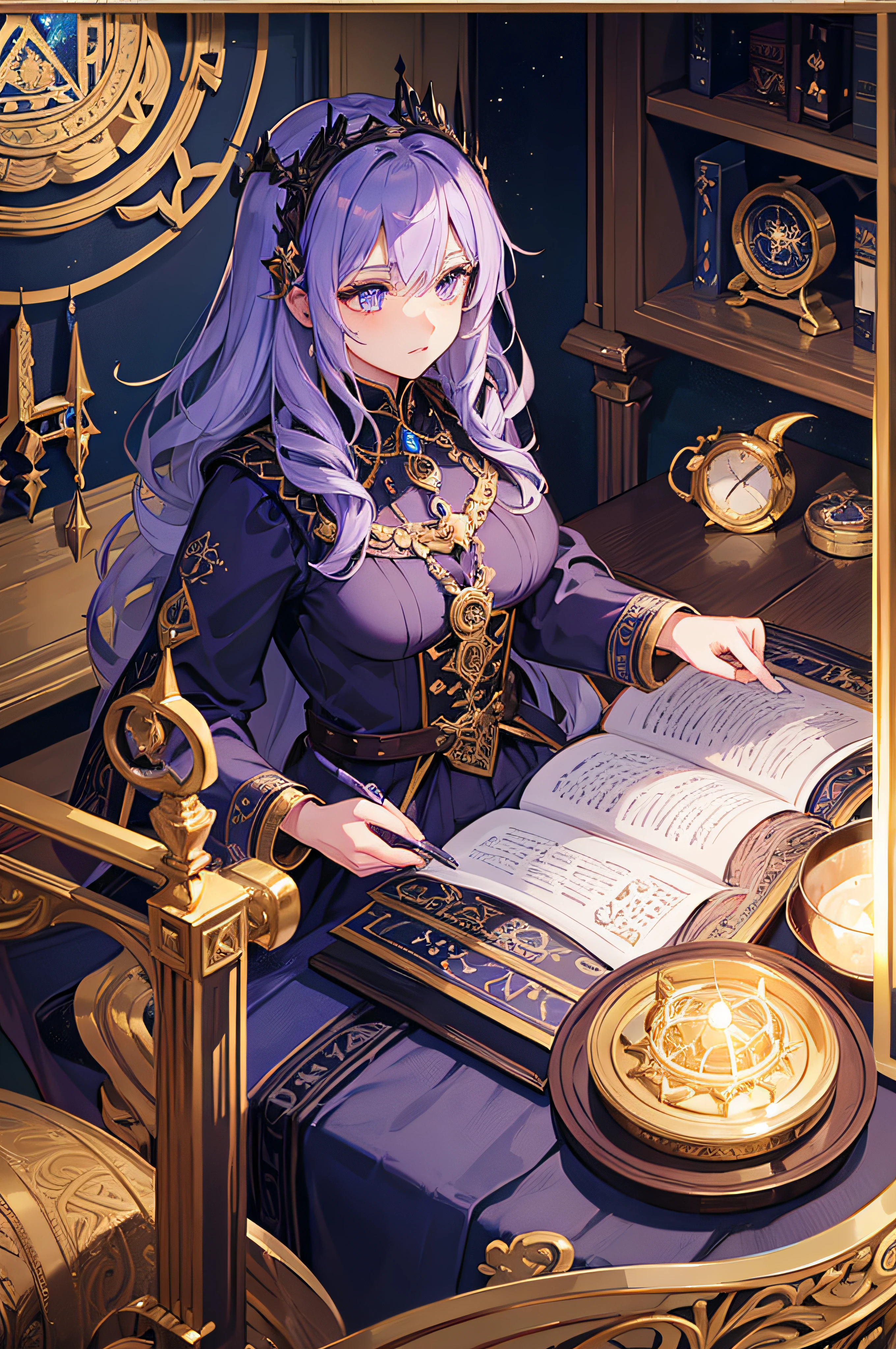 Beautifully decorated with runes featuring fantastic and beautiful women, use of runes, reminiscent of alchemical royalty, intricate details of the alchemist witch costume, perfect anatomy, high detail, blue princess eyes, purple hair, alchemist witch, fantasy00d