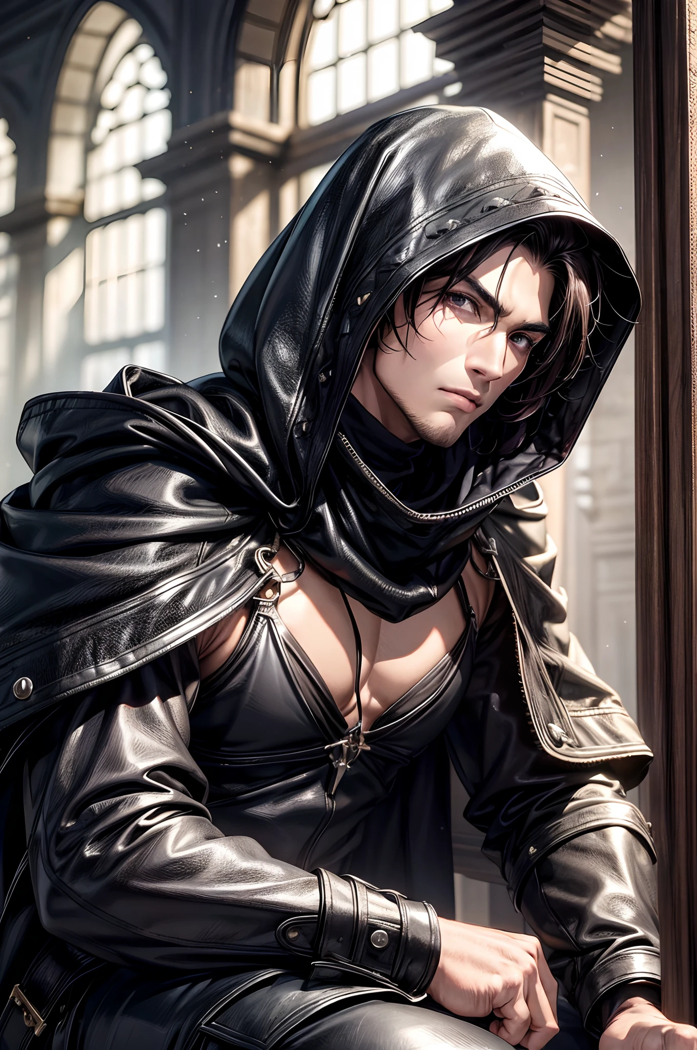 (absurderes, hight resolution, ultra-detailliert), 1 male, Adult, Handsome, High muscular face, broad shoulders, finely detailed eyes, Short black hair, Brown eyes, Black cloak, Wearing a hood, Leather Vest, Leather bag at waist............................., 2 daggers on the belt, castle, Medieval atmosphere, Natural Light and Shadow, Bright particles fly around a person, Fantastic, Mysterious, Bright glow,  Seated Pose, Serious expression, Cold, thoughtful, Mouth Shut