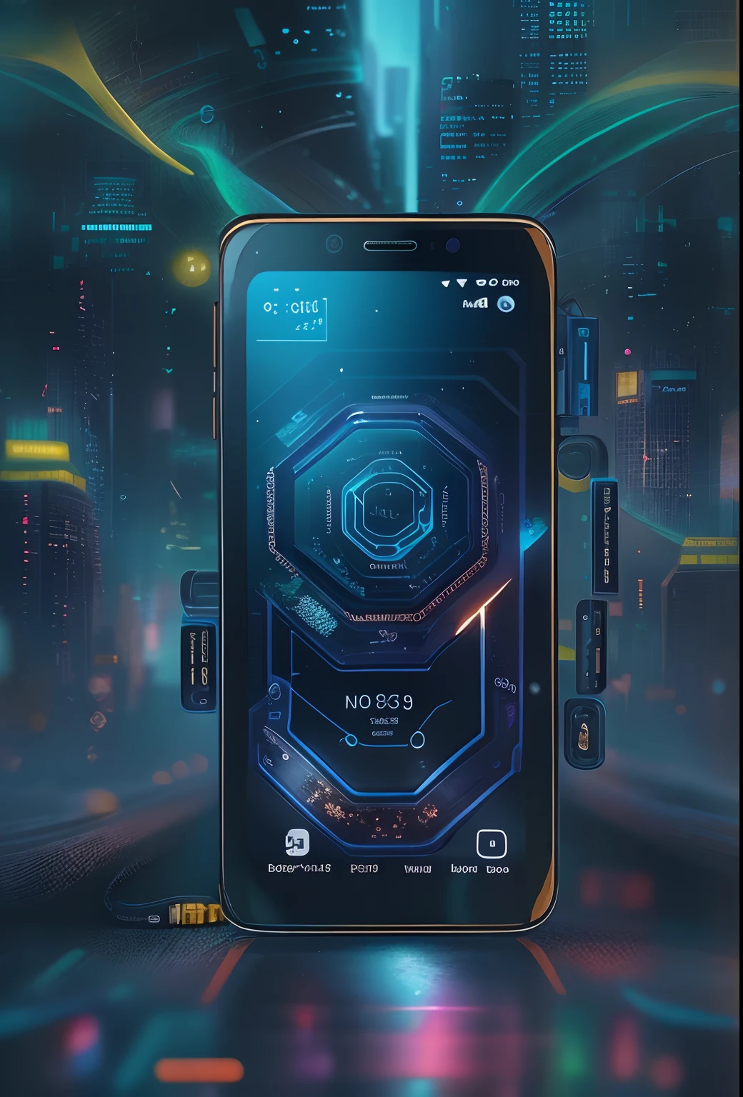 tmasterpiece,Best quality at best,high high quality,extremely detaile,8K,Futuristic ethereal close-up of a mobile phone, smartphone, A mystical environment, Technology meets fantasy, Futuristic phone,AI peripherals, smartphone, Otherworldly technology, High-tech mobile phone,Futuristic technical background,Futuristic cyberpunk,hyper realisitc,This image shows a black phone,The brand of the phone is Nokia,The screen time on the phone is 6:08,The phone screen background is blue, Technology meets fantasy, phone photo, cell phone, cellular phone, Handheld, future-tech, mobile, Surreal,shutter inventory