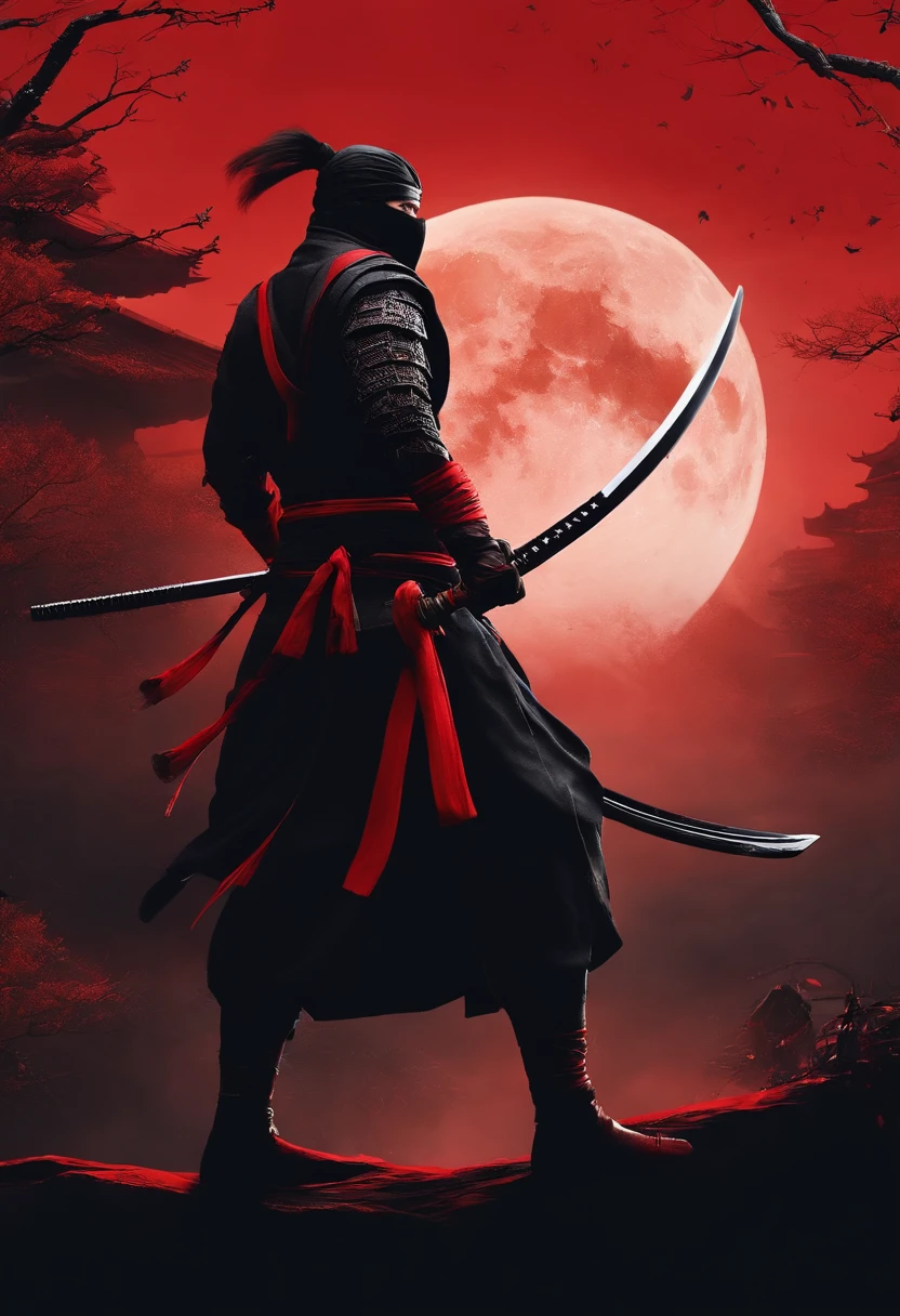 Ninjas from feudal Japan were blindfolded，Holding a katana in front of the red moon, Urban Samurai, anthem game inspiration, epic image, Era,（Dungeons & Warriors Ghost Swordsman）