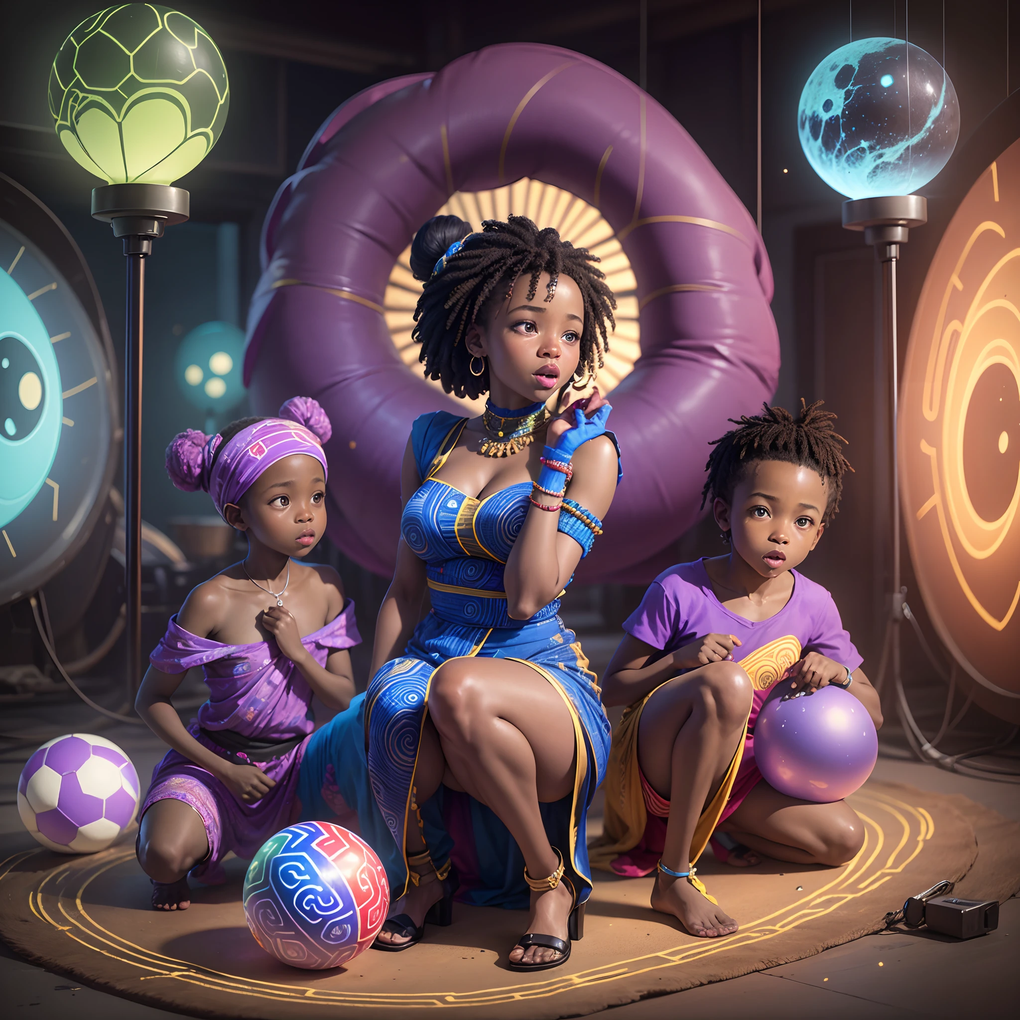 Wide angle shot of a Beautiful happy African babies dressed in African designed clothes, made of hides and leather, sitting in a neon lit bouncing castle with African designs on it, bouncing castle full of African designed bouncing neon lit marble balls, shining particles in the air, dark interior with African designs in the scene shining blue and violet colours in the scene, giving a scene a blue and velvet cinematic look, with iridescent light, hyper-realistic image, 32k, ultra HD, cinematic lighting --auto --s2