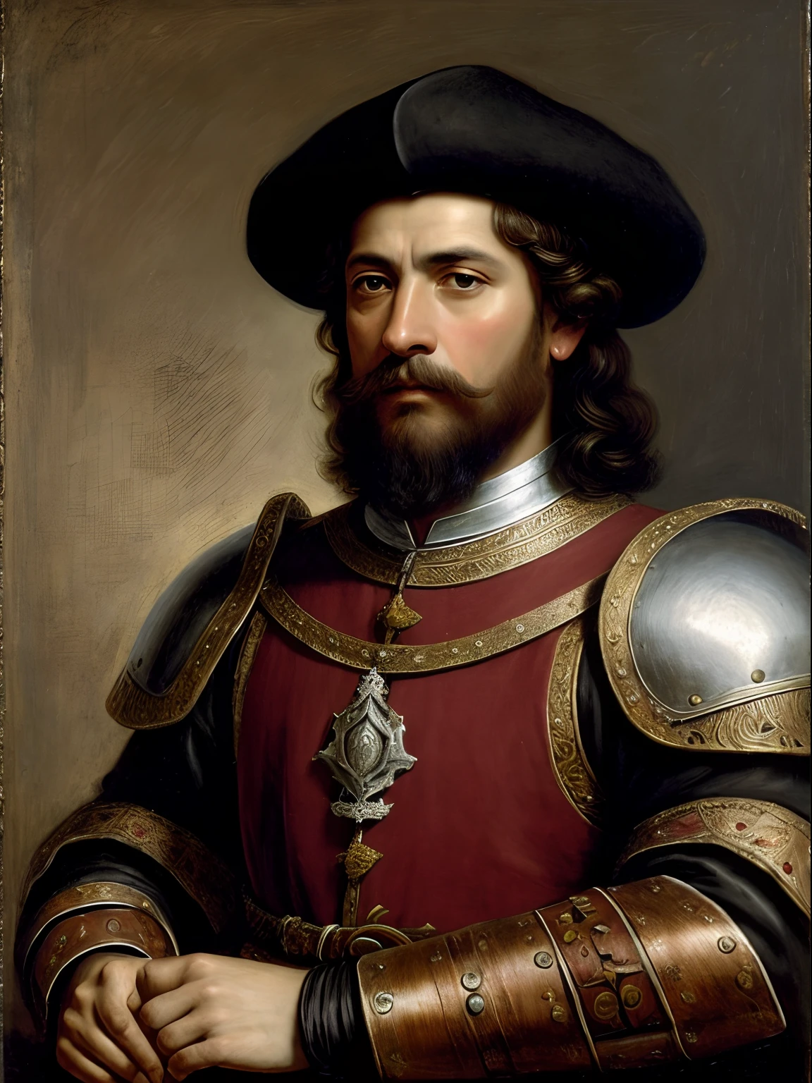 A male medieval conquistador in a spanish armor, daytime, dark brown skin, greying hair, medieval aesthetics, paninted photo, sharp focus, intricate details, highly detailed, depth of field, sharp focus, high detail, Impressionism, no helmet or hat, arab, Detailed oil painting, Glazing, Tenebrism, scumbling, oil painting, baroque style, by Rembrandt, by Artemisia Gentileschi