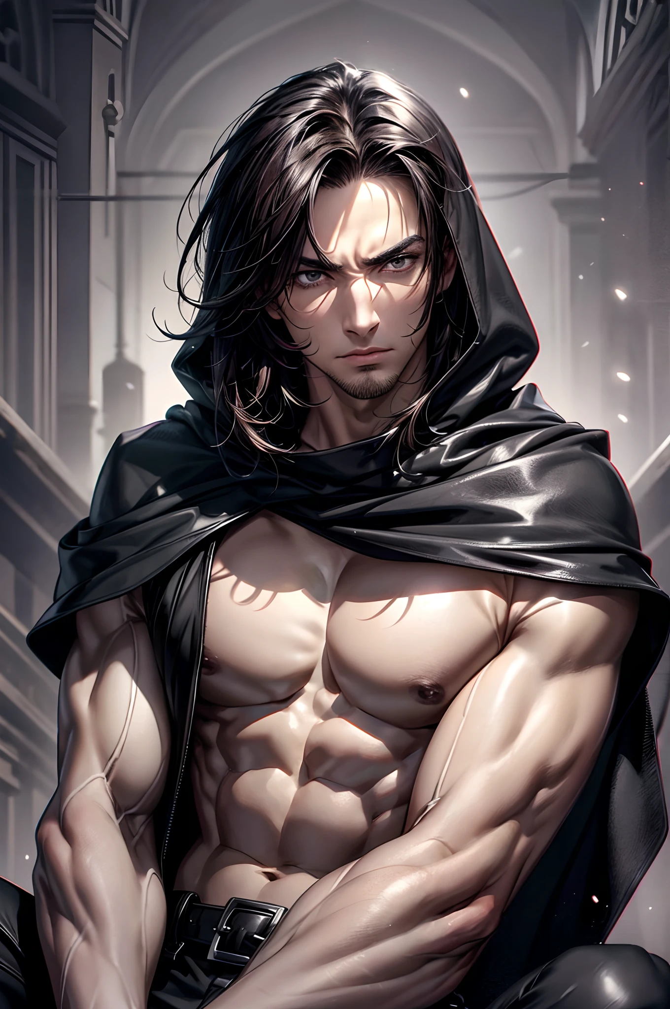 (absurderes, hight resolution, ultra-detailliert), 1 male, Adult, Handsome, High muscular face, broad shoulders, finely detailed eyes, Short black hair, Brown eyes, Black cloak, Wearing a hood, Leather Vest, Leather bag at waist.............................., 2 daggers on the belt, castle, Medieval atmosphere, Natural Light and Shadow, Bright particles fly around a person, Fantastic, Mysterious, Bright glow, Seated Pose, Serious expression, Cold, thoughtful, Mouth Shut