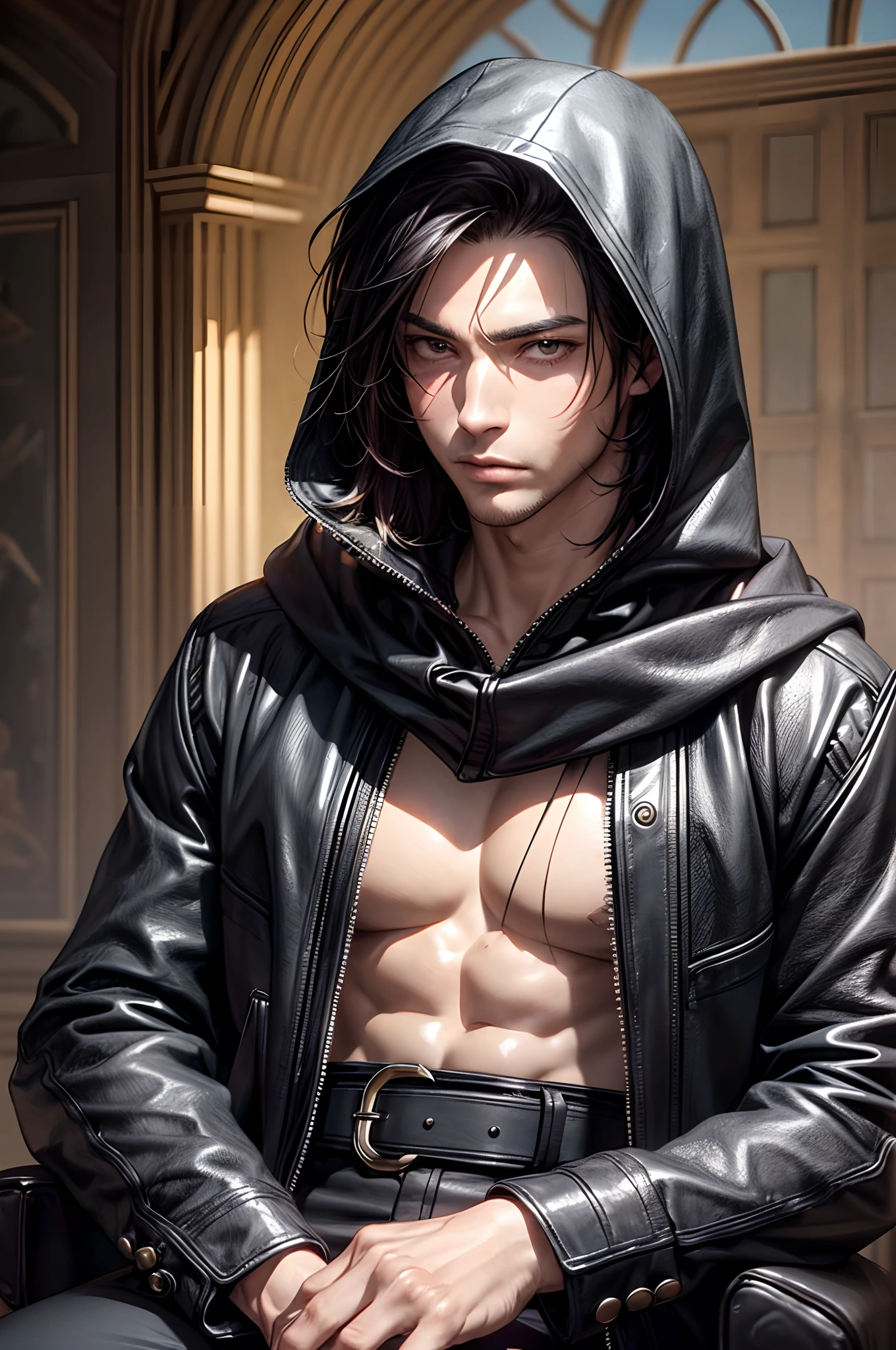 (absurderes, hight resolution, ultra-detailliert), 1 male, Adult, Handsome, High muscular face, broad shoulders, finely detailed eyes, Short black hair, Brown eyes, Black cloak, Wearing a hood, Leather Vest, Leather bag at waist.............................., 2 daggers on the belt, castle, Medieval atmosphere, Natural Light and Shadow, Bright particles fly around a person, Fantastic, Mysterious, Bright glow,  Seated Pose, Serious expression, Cold, thoughtful, Mouth Shut