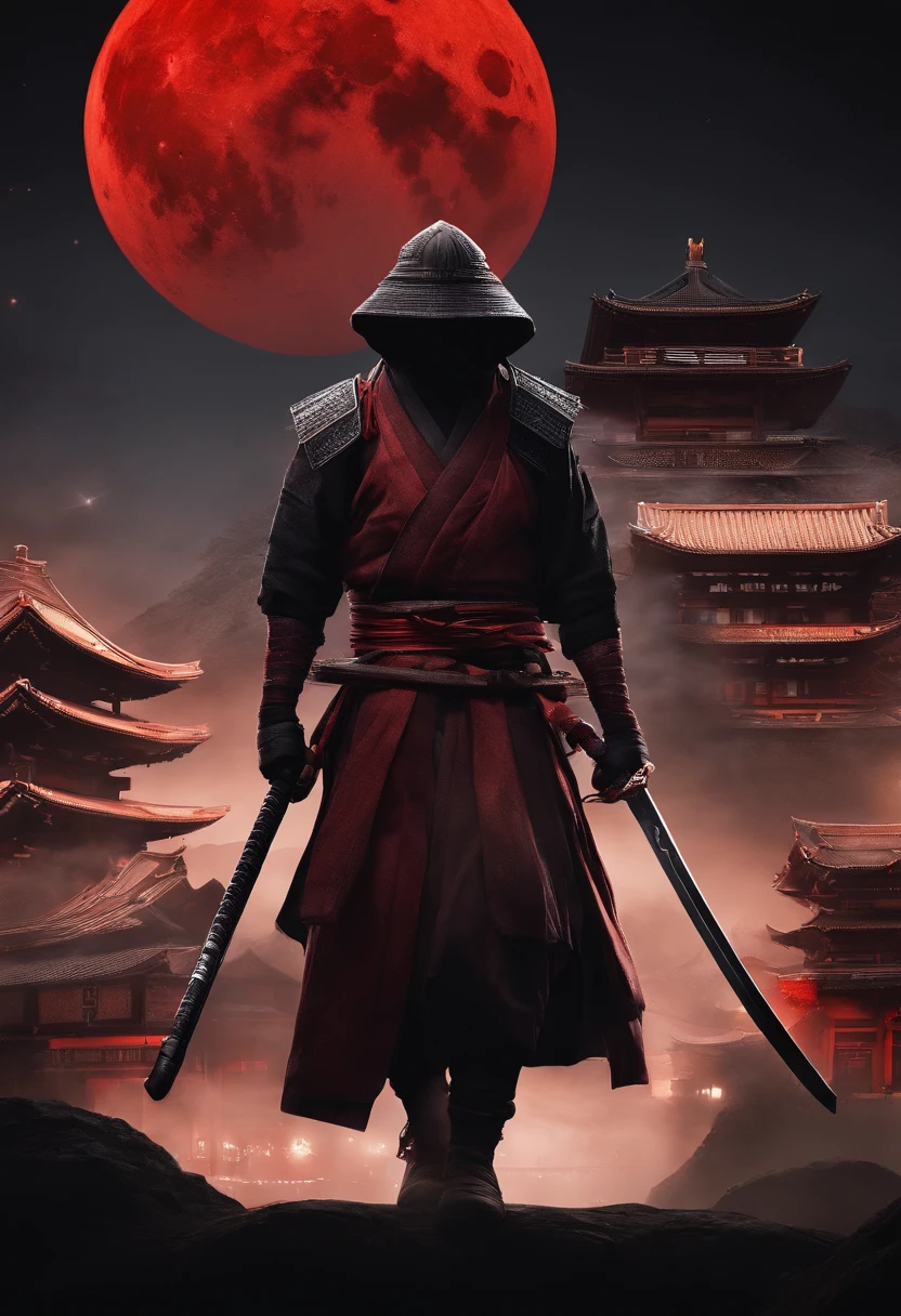 Ninjas from feudal Japan were blindfolded,Holding a katana in front of the red moon, Urban Samurai, anthem game inspiration, epic image, Era,frontage,Extremely meticulous