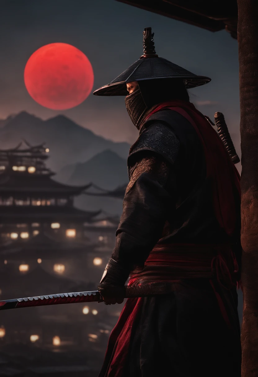 Ninjas from feudal Japan were blindfolded，Holding a katana in front of the red moon, Urban Samurai, anthem game inspiration, epic image, Era,frontage，Extremely meticulous