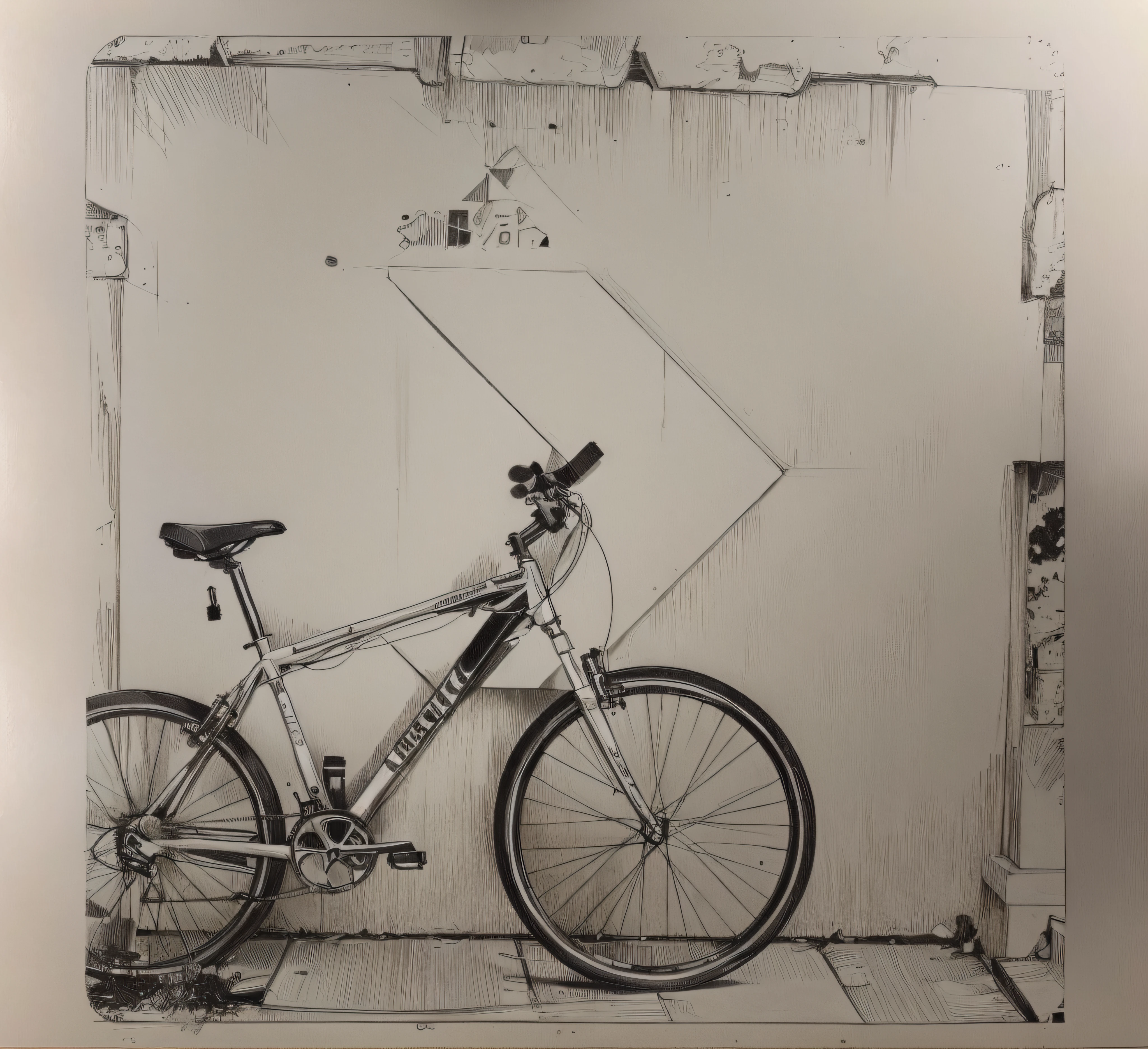 There's a bike in high definition, encostada a uma parede com uma seta amarela, bicicleta no fundo, granulado, bicicleta, , ocultar geometria, geometria, ciclismo!!, foto granulada, cor polaroid foto, Bicicletas, Geometrical, foto mid shot, illustartion, extremely graphic, iluminado, assymetrical, Parece inteligente , comiс style, bela arte de linha, black and white comic style, Manga style, Manga art style, pencil and ink drawing, black and white coloring