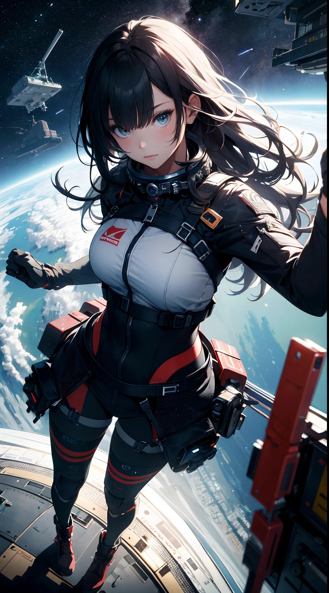 Ridiculous resolution, high res, (masterpiece:1.4), hyper-detailed, 1girl, Look from above, space, float，spacecraft，Blue Earth
