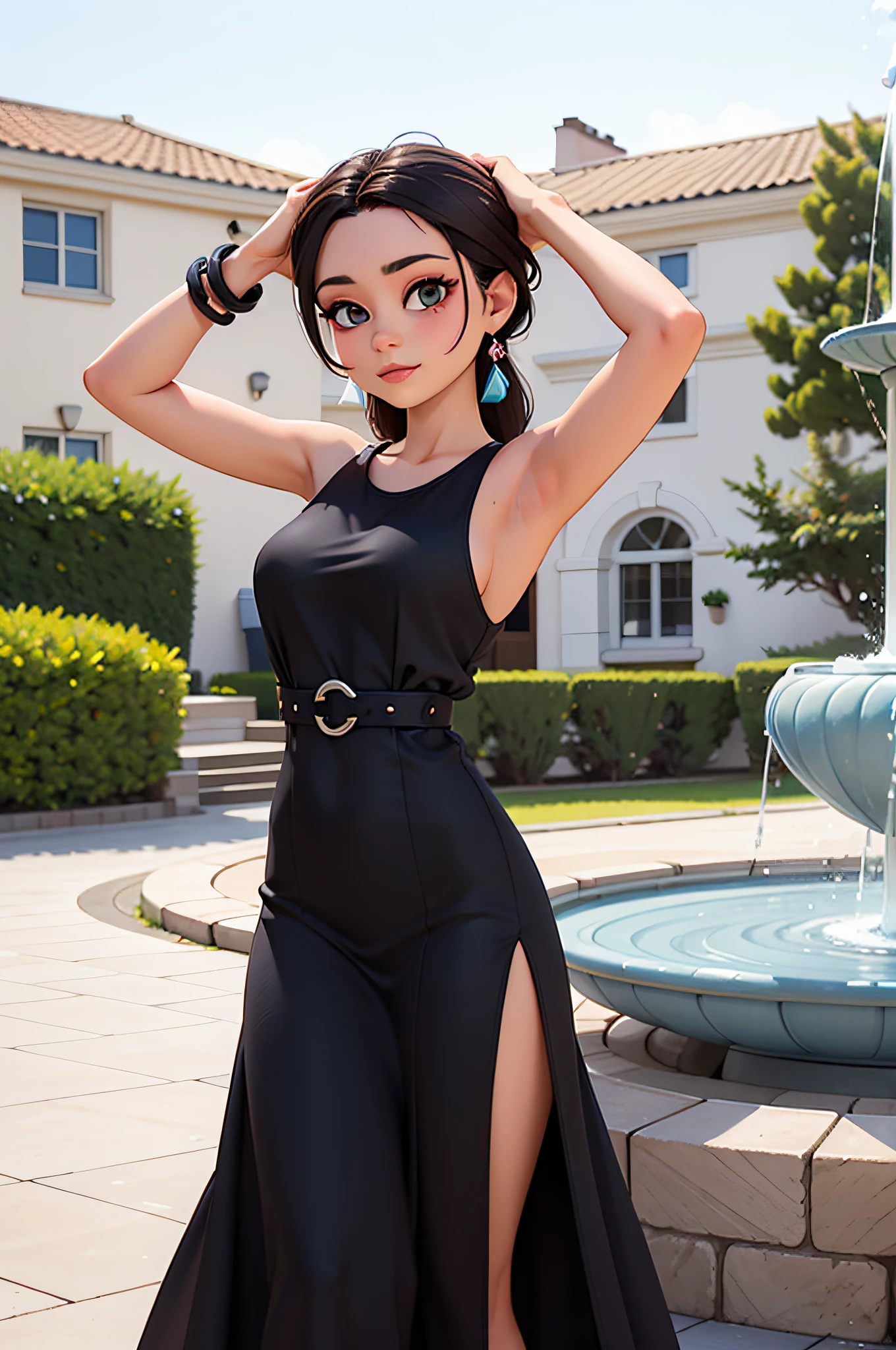arafed woman in a black dress posing in front of a fountain, she is wearing a black dress, full length view, she is wearing a black tank top, 2 4 year old female model, back slit, full body close-up shot, wearing a tight black dress, full length shot, bottom angle, side shot, wearing a black dress, wearing black dress