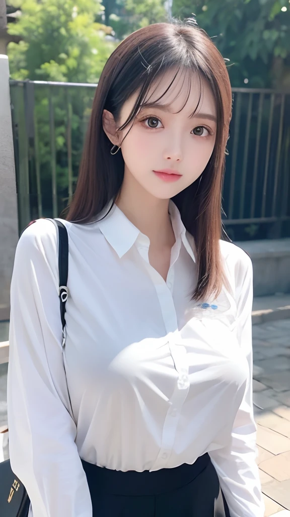 ultra - detailed、tmasterpiece、top-quality、超A high resolution、8K、high-level image quality、Live action、Photogenic clarity、A detailed eye、gradients、perfect anatomy body proportions ,hdd、NFFSW , Nikon Z9 80mm lens 、masutepiece、Girl wearing a long white shirt for a photo at school