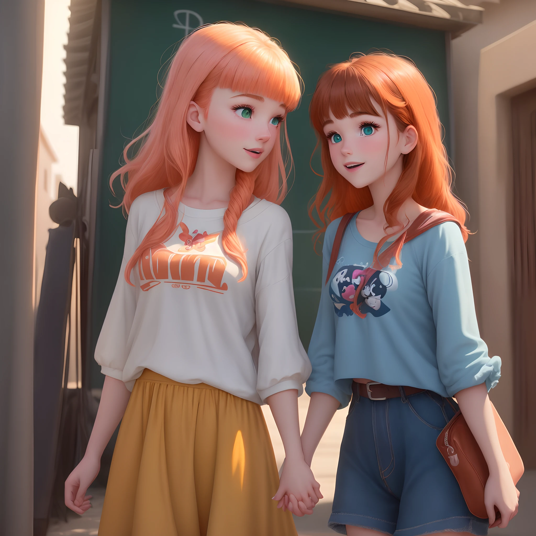 The scene should focus on two girls who look to be in love. One girl is taller, she has pink and orange hair with bangs and blue eyes. The other girl has light brown hair and green eyes. Ot should be in the disney pixar art style