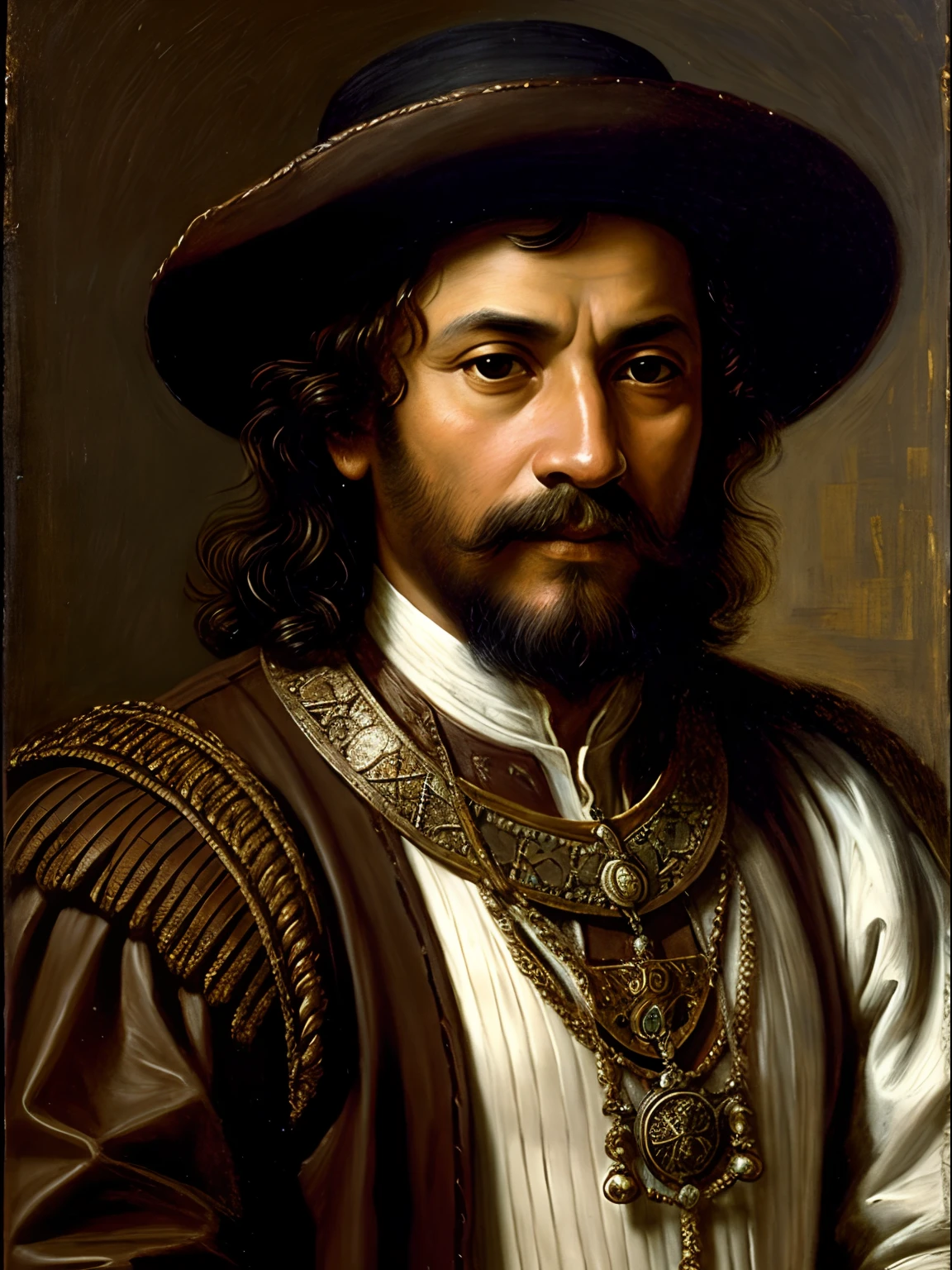 A male medieval conquistador in explorors clothing, daytime, brown skin, greying hair, medieval aesthetics, paninted photo, sharp focus, intricate details, highly detailed, depth of field, sharp focus, high detail, Impressionism, no helmet or hat, arab, Detailed oil painting, Glazing, Tenebrism, scumbling, oil painting, baroque style, by Rembrandt, by Artemisia Gentileschi, brown skin
