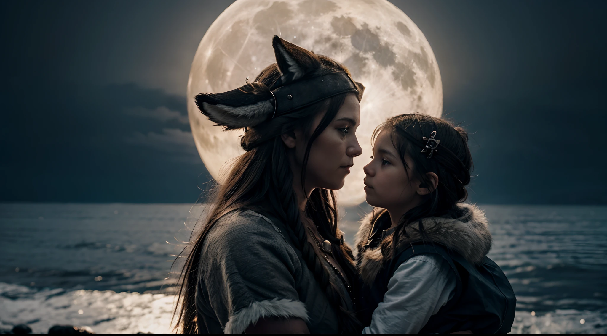 Viking woman wearing a wolf's head and fur ,Holding a child from both profile to full moon