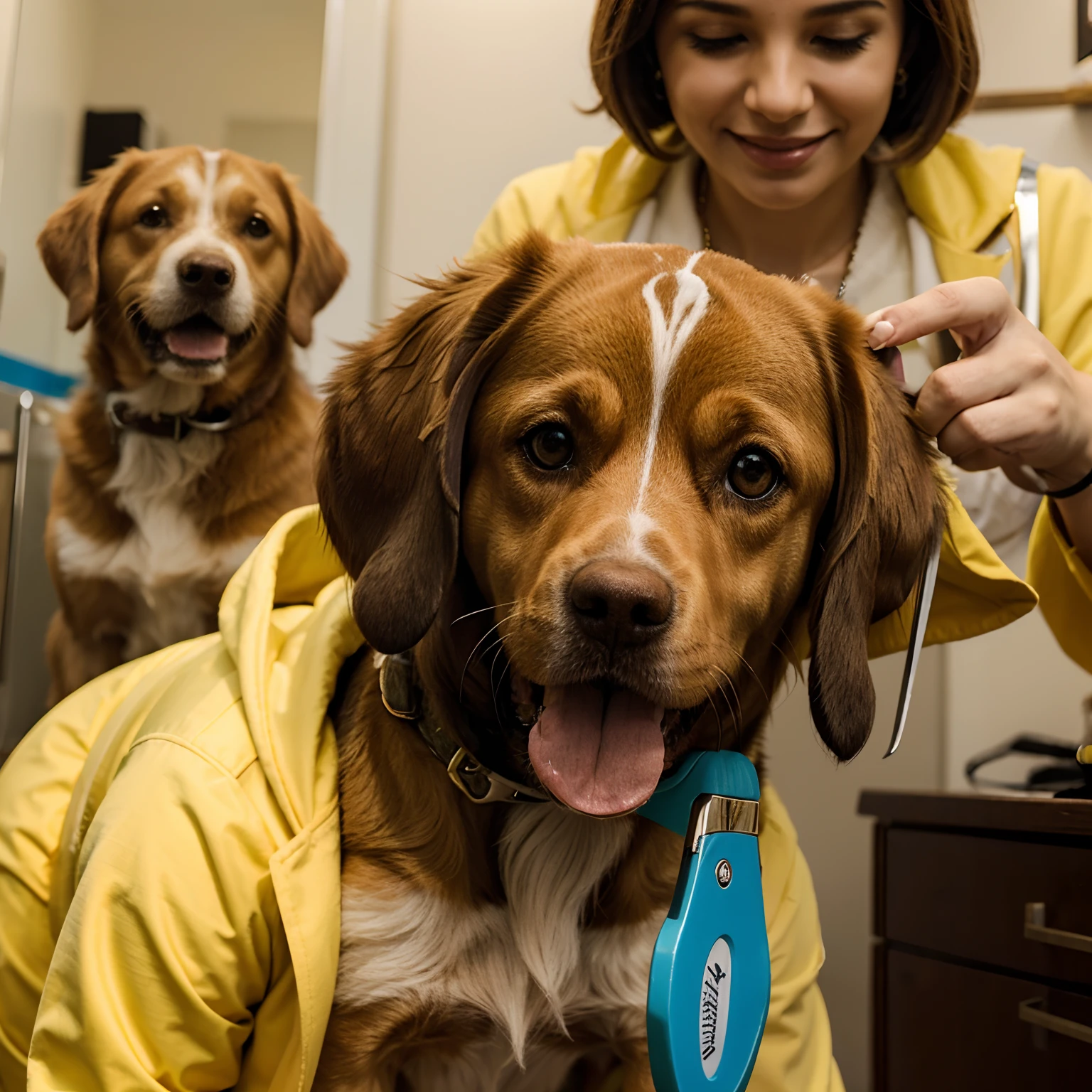 Criar imagem de um cachorro caramelo sorrindo e alegre dentro de uma barbearia com cadeiras de madeira e fundo colorido. Behind the dog is a woman in a yellow lab coat holding a pair of scissors and a comb in her hand.