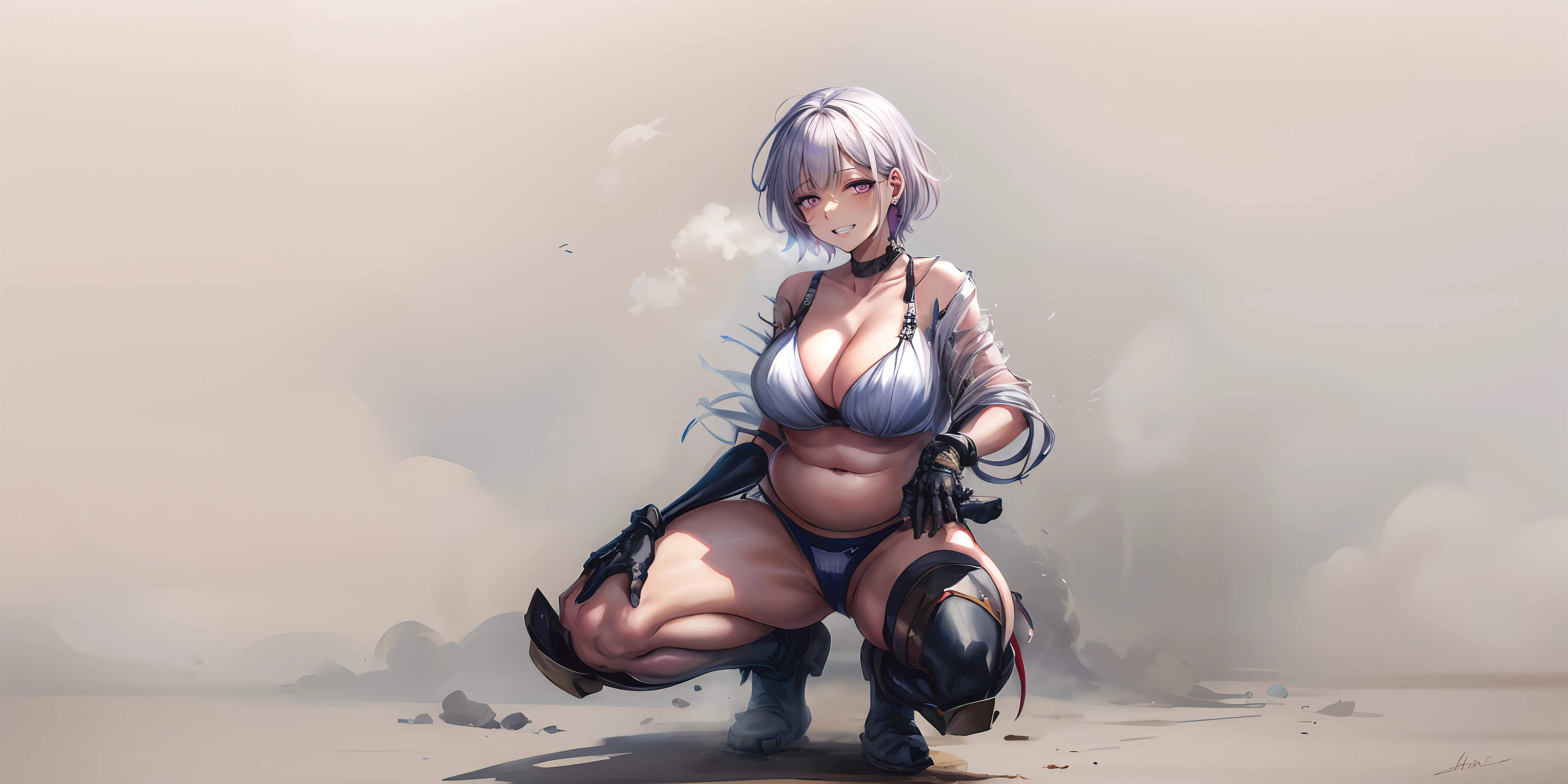 (shaded face:1.2), hollow eyes, purple eyes, looking at viewer, heavy breathing, smirk, uppert teeth, short hair, silver hair, choker, squatting, navel, plump, gloves, bra , 1girl, breasts, solo, swimsuit, bikini, navel, gauntlets, cleavage, thighhighs, large_breasts, white_bikini, jewelry, boots, earrings, bikini_armor, looking_at_viewer, black_legwear, parted_lips, kneeling, one_knee, full_body, collarbone, "Photorealistic, Hyperrealistic, Hyperdetailed, analog style, soft lighting, subsurface scattering, realistic, heavy shadow, masterpiece, best quality, ultra realistic, 8k, golden ratio, Intricate, High Detail, film photography, soft focus"