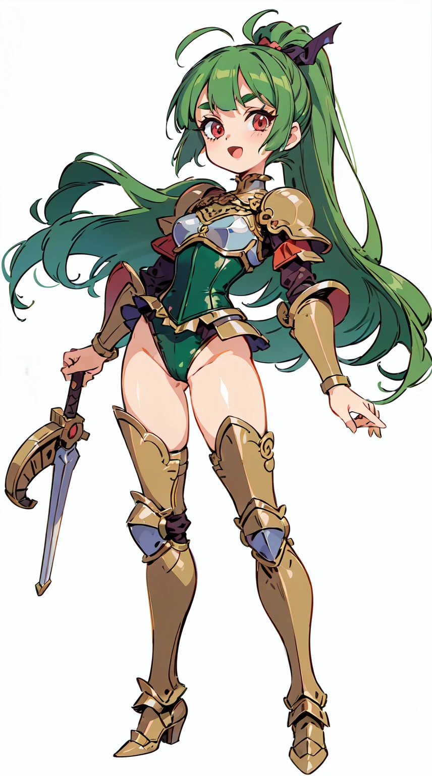 "(masterpiece:1.1), best quality,
1girl, (80s anime style:1.4), (eyelashes:1.5),(:1.2),
(intricate high detailed body:1.2),
green hair,
(blunt bangs:1.1), (ponytail:1.1), (demon horns:1.2),
red eyes, (thick eyebrows:1.1),
(small breasts, flat chest:1.1),
light smile, open mouth,
(high cut leotard armor, corset:1.2),
(knight armor, armored boots:1.2), (ribbon:1.1), (ahoge:1.2), bracelet,
standing,
(full body, looking at viewer, from front:1.1),
(simple white background:1.2)"