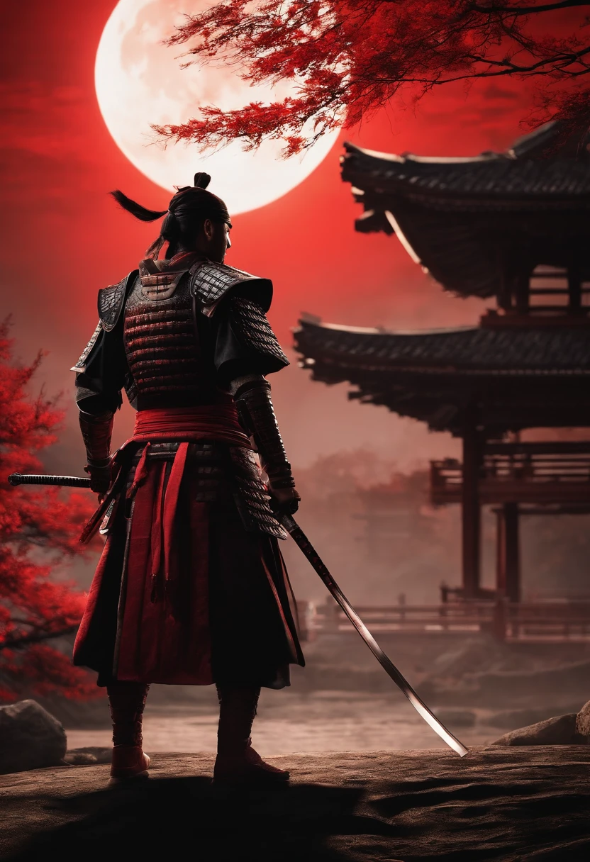 Samurai from feudal Japan were blindfolded,Holding a katana in front of the red moon, Urban Samurai, anthem game inspiration, epic image, Era,Frontal photo,Extremely meticulous,full armour,preparing to fight