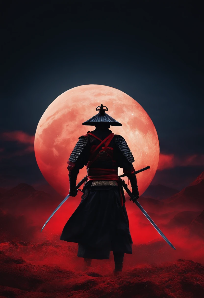 Samurai from feudal Japan were blindfolded,Holding a katana in front of the red moon, Urban Samurai, anthem game inspiration, epic image, Era,Frontal photo,Extremely meticulous,full armour,preparing to fight