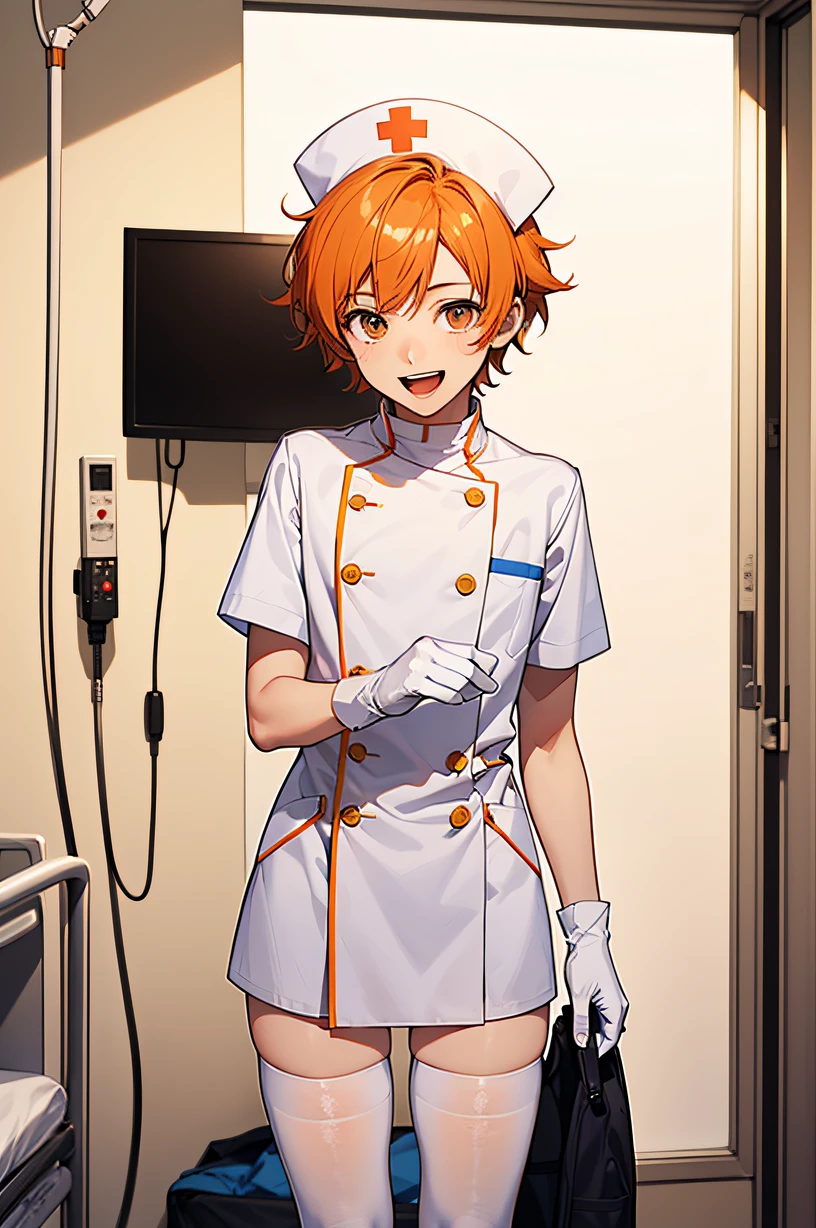 1boy, solo, male focus, nurse, nurse cap, white wear, ((white legwear, zettai ryouiki)), white gloves, short hair, orange hair, smile, open mouth, standing, ((hospital room)), sharp outline, short sleeves, shota, 12 years old, best quality, masterpiece