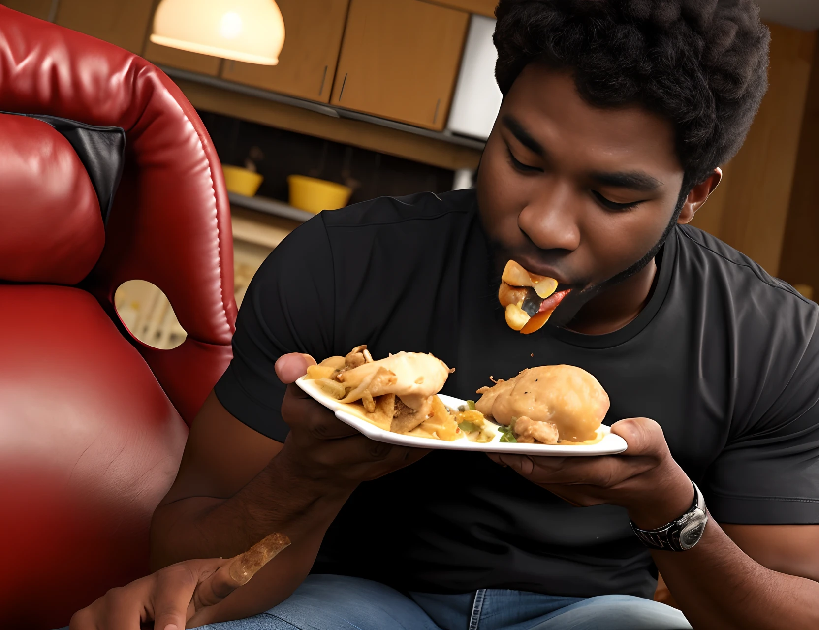 Black guy black eating chicken and holding a Glock