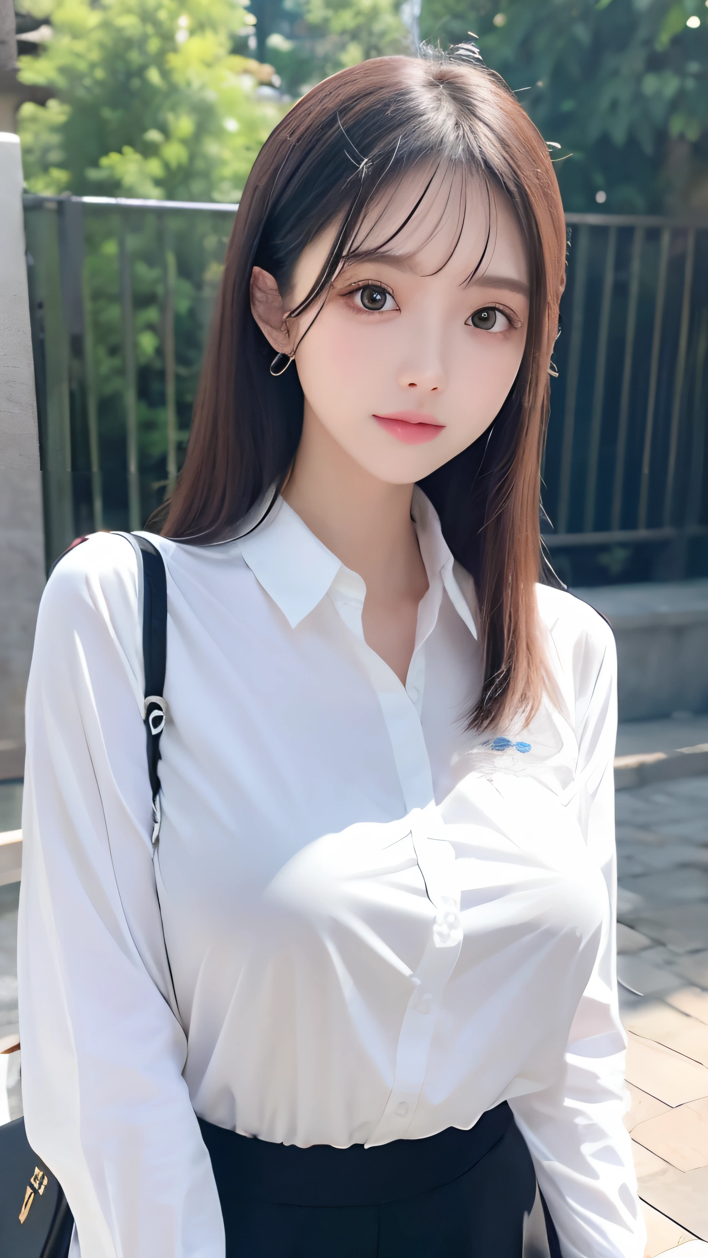 ultra - detailed、tmasterpiece、top-quality、超A high resolution、8K、high-level image quality、Live action、Photogenic clarity、A detailed eye、gradients、perfect anatomy body proportions ,hdd、NFFSW , Nikon Z9 80mm lens 、masutepiece、Girl wearing a long white shirt for a photo at school