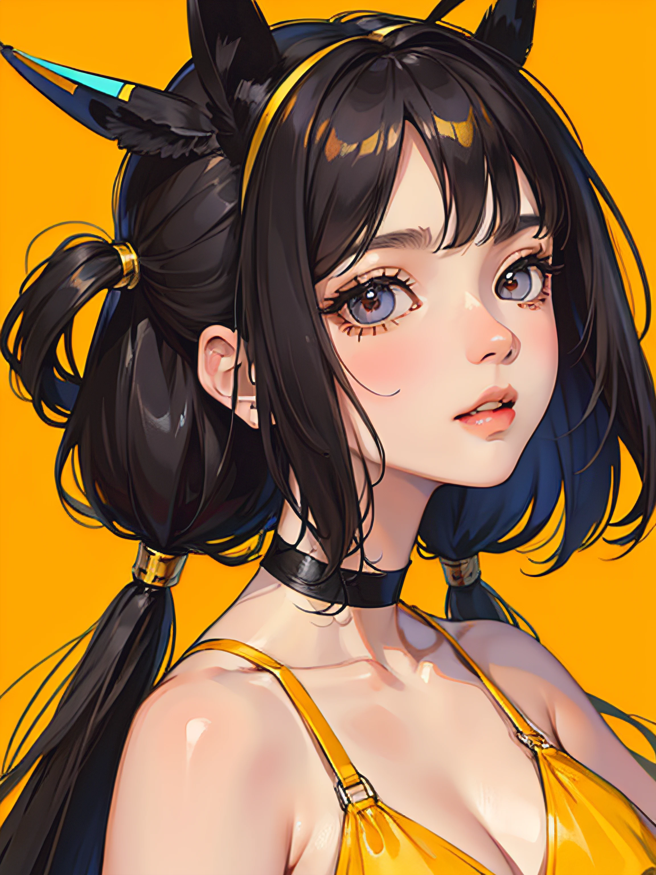 Chica con cabello largo y amarillo, ojos amarillos, Vibraciones futuristas, mask in the mouth, auriculares, 8k, alta calidad, Fondo simple, ojos brillantes, Buena pose