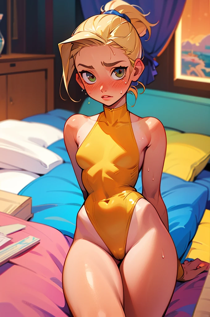 (best quality, masterpiece), 1girl, looking at viewer, blonde, ponytail, wide hips, blushing, thin, long hair, skimpy, bed, bedroom, thighs, lips, topless, sweat, leotard