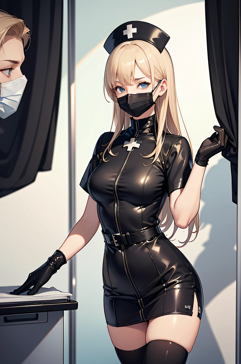 black nurse, 1woman, solo, black nurse cap, black wear, ((black legwear, zettai ryouiki)), black elbow gloves, blonde hair, blue eyes, ((black surgical mask, covered nose)), standing, ((surgery room)), sharp outline, short sleeves, mature female, 35 years old, best quality, masterpiece