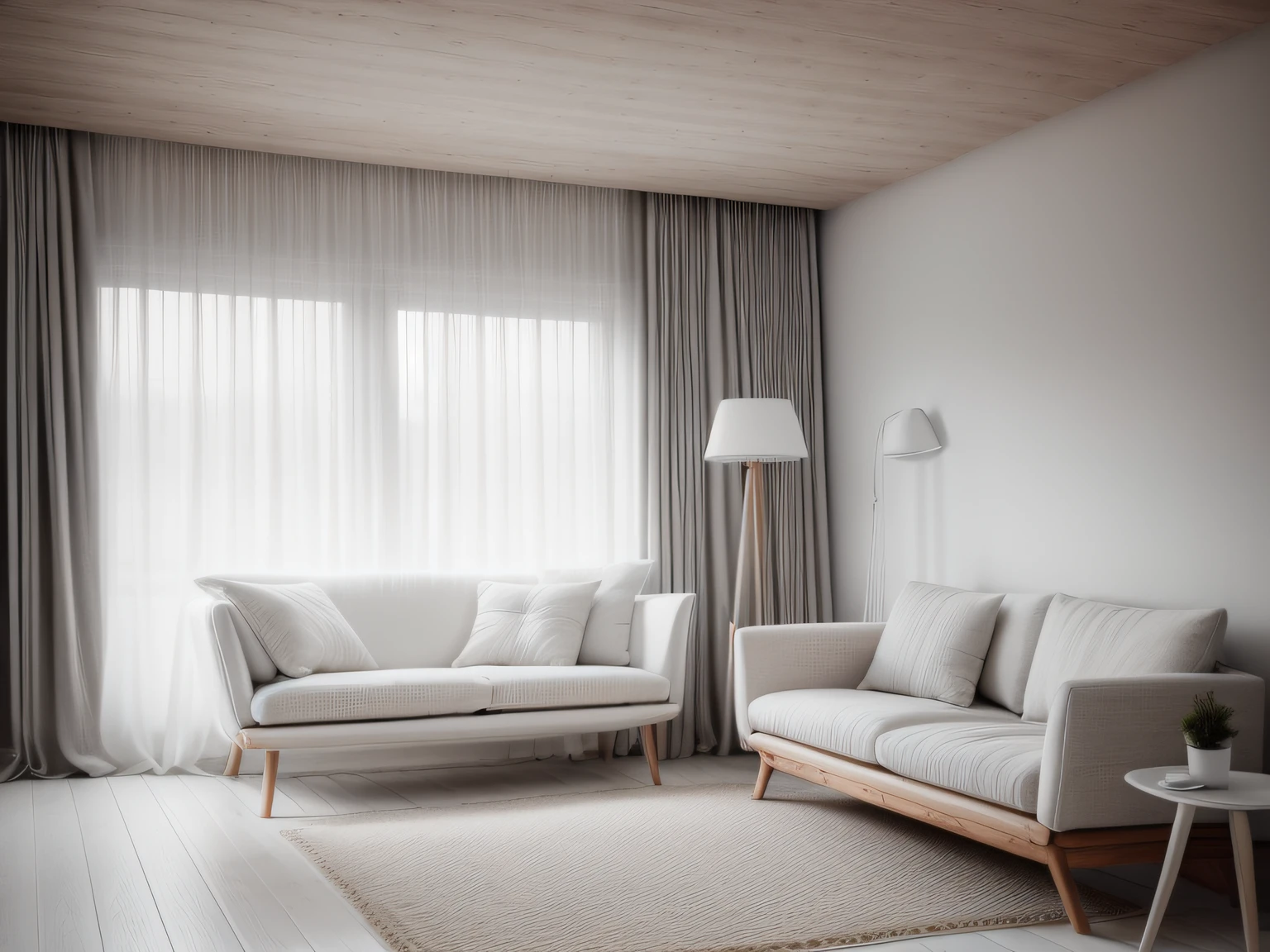 a photo of modern living room in a cottage and white open curtains, photorealistic, highly detailed, sharp, painted in white and greys, bright lighting, 8k, light colours, sofa, carpeted floor, wood burner,