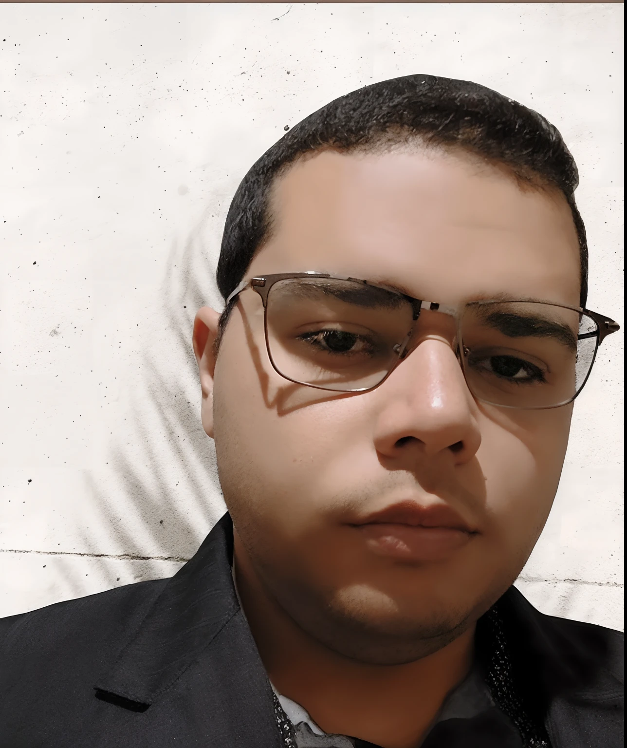 Esta imagem retrata um homem num fundo branco. With shaved black hair, glasses and oval face wearing a black shirt with jagueta and medium body jeans. Fundo em branco