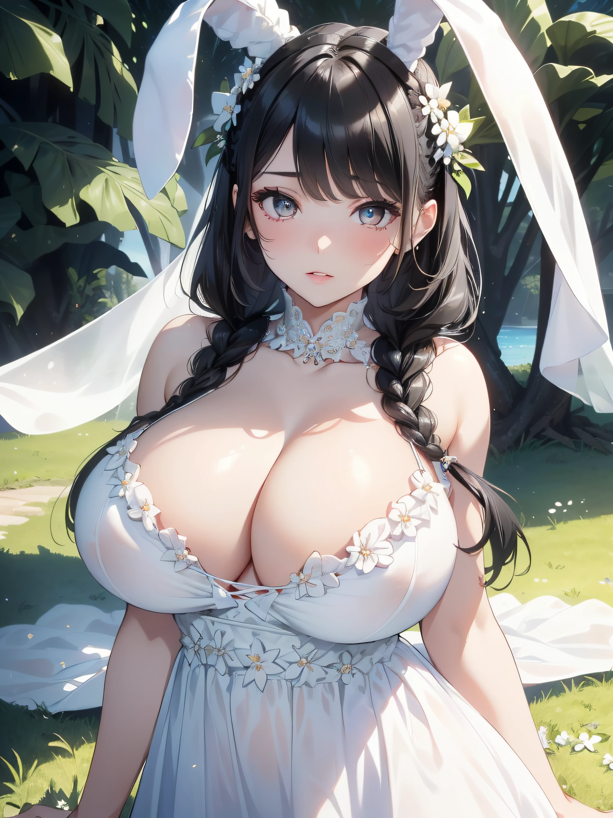 absurd, 8K, high resolution, ultra detailed, beautiful, masterpiece, best quality, very pretty woman, young, very pretty woman, sexy, (bright white summer dress:1.5), (bright eyes:1.5), (black hair:1.4), braided hair, rabbit ears, sexy, detailed female face, very attractive, (very large breasts:1.5), nsfw, nippel, (nude:1.1)