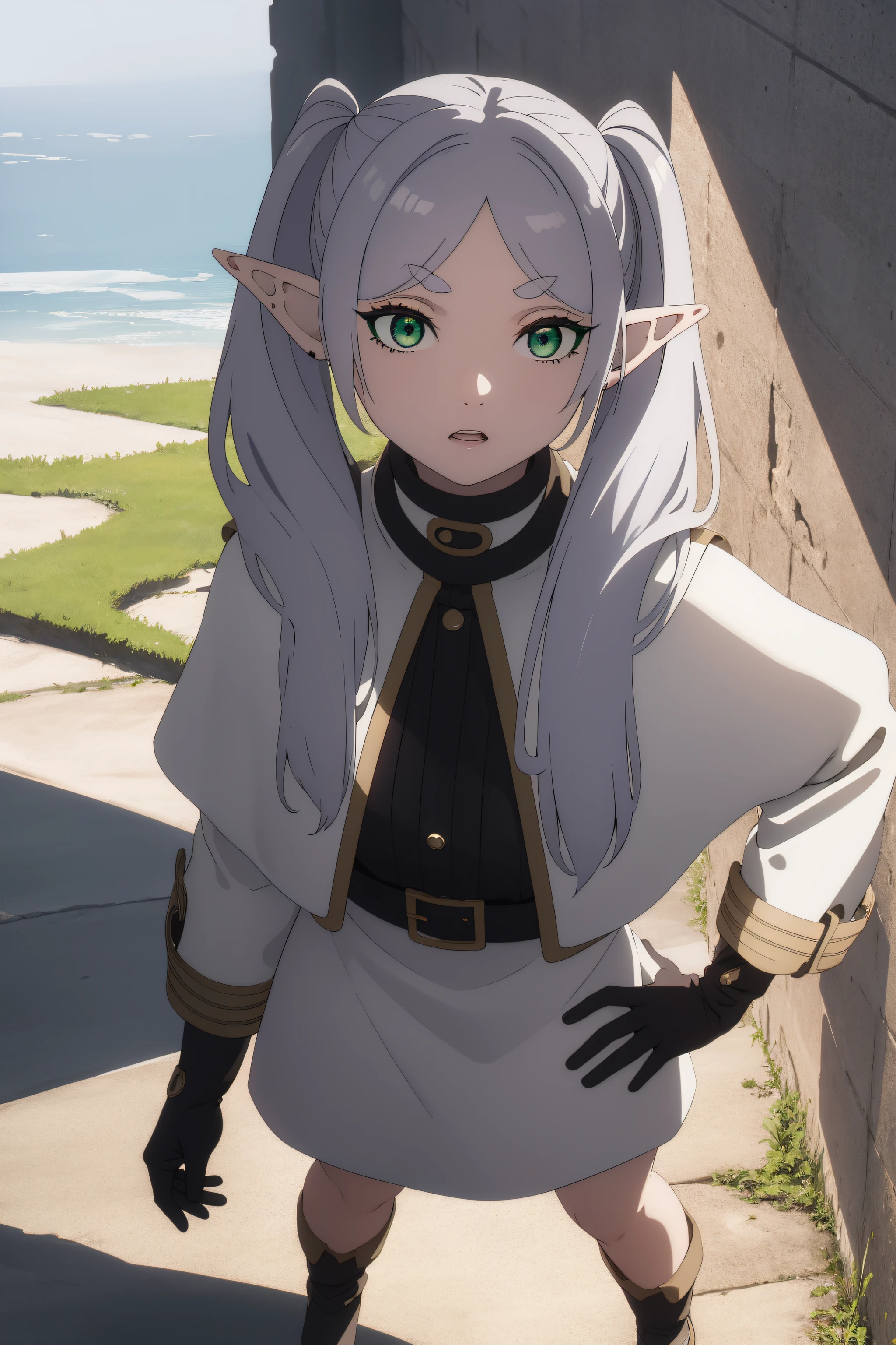 frieren, frieren, long hair, twintails, (green eyes:1.5), grey hair, pointy ears, elf,
BREAK black gloves, elbow gloves, fur trim, dress, coat, High contrast,
BREAK looking at viewer, upper body, (full body:1.2),standing,hand on hip, angry, pov
BREAK outdoors, sky, nature,
BREAK (masterpiece:1.2), best quality, high resolution, unity 8k wallpaper,NSFW ,(illustration:0.8), (beautiful detailed eyes:1.6), extremely detailed face, perfect lighting, extremely detailed CG, (perfect hands, perfect anatomy),