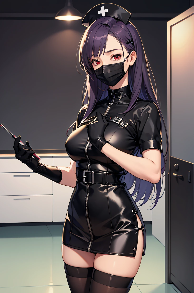 black nurse, 1woman, solo, black nurse cap, black wear, ((black legwear, zettai ryouiki)), black elbow gloves, long hair, purple hair, red eyes, ((black surgical mask, covered nose)), standing, ((surgery room)), sharp outline, short sleeves, mature female, 35 years old, best quality, masterpiece