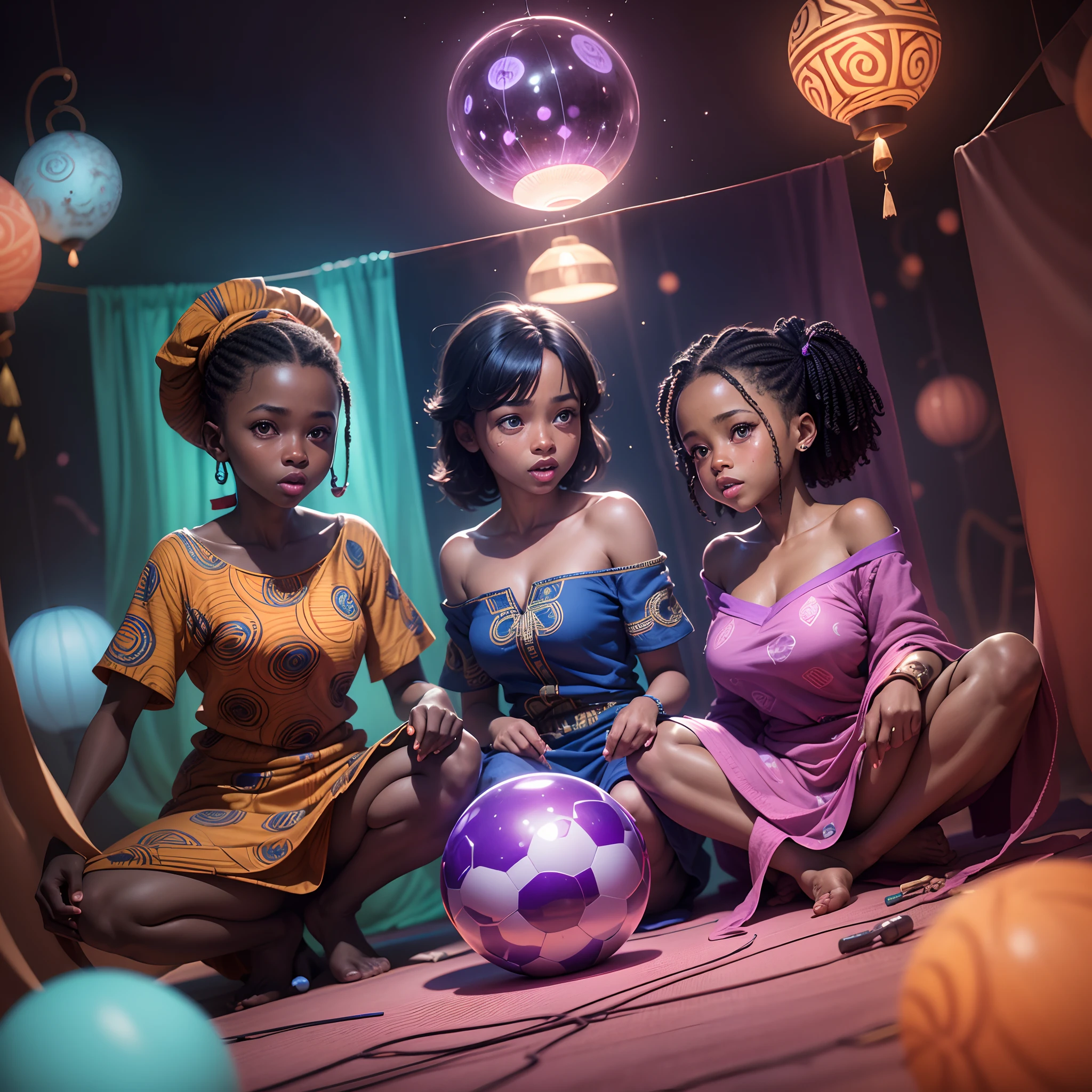 Wide angle shot of a Beautiful happy African babies dressed in African designed clothes, made of hides and leather, sitting in a neon lit bouncing castle with African designs on it, bouncing castle full of African designed bouncing neon lit marble balls, shining particles in the air, dark interior with African designs in the scene shining blue and violet colours in the scene, giving a scene a blue and velvet cinematic look, with iridescent light, hyper-realistic image, 32k, ultra HD, cinematic lighting --auto --s2