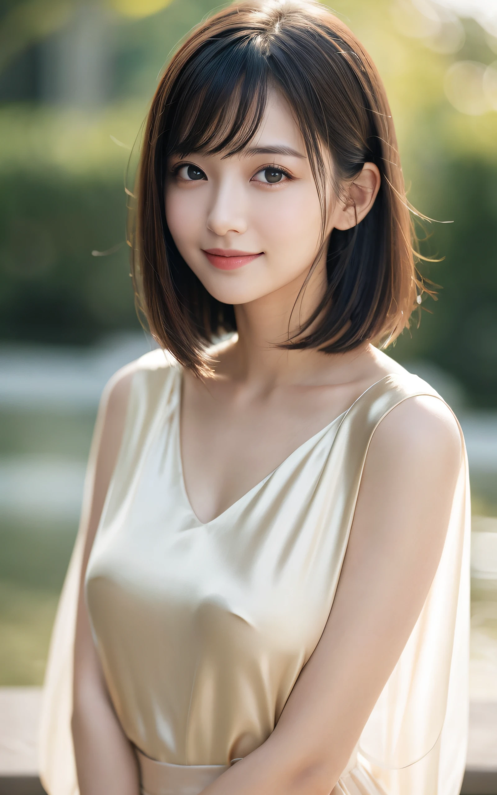 masterpiece, Best Quality, 8K, 20 yo, (Large breast:1.2), cuddly, Solo, smile shyly, close up, Cute, Girly, Delicate girl, Neat and clean beauty, Raw photo, Professional Photography, Portrait, Soft light, Professional Lighting, Back lighting, Upper body, Looking away, Sophisticated, Film grain, (Eyes and faces with detailed:1.0), short length floating hair , beautiful flowing hair, bangs, silk blouse,