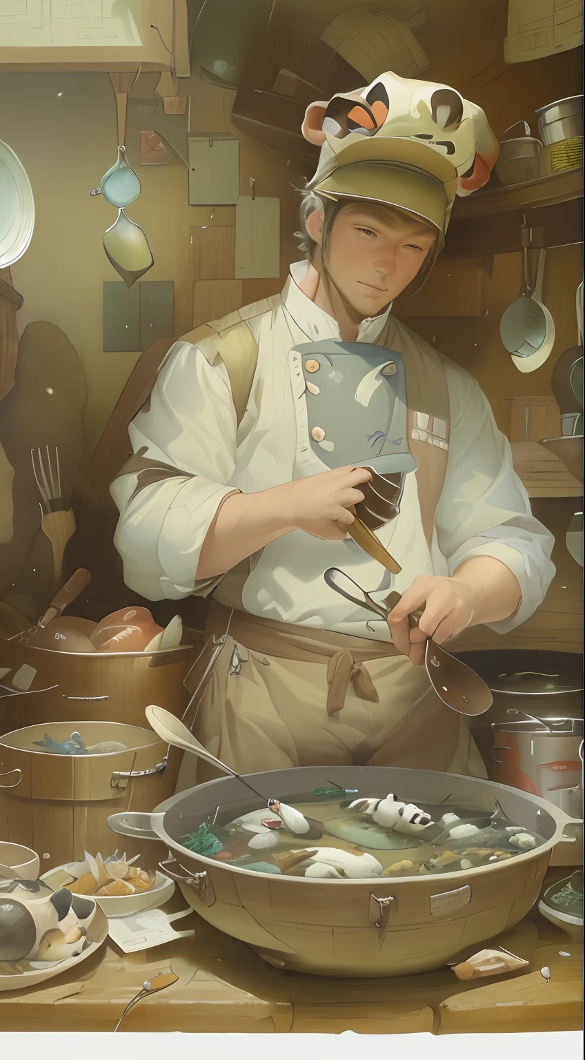 Jean-Baptiste Monge's painting of a large panda, Dressed in fishing boots with fishing tackle, On a summer day in a meadow a bucket of fish, , jean - baptiste monge, anthropomorphic --ar 2:3 --testp -optimistic;