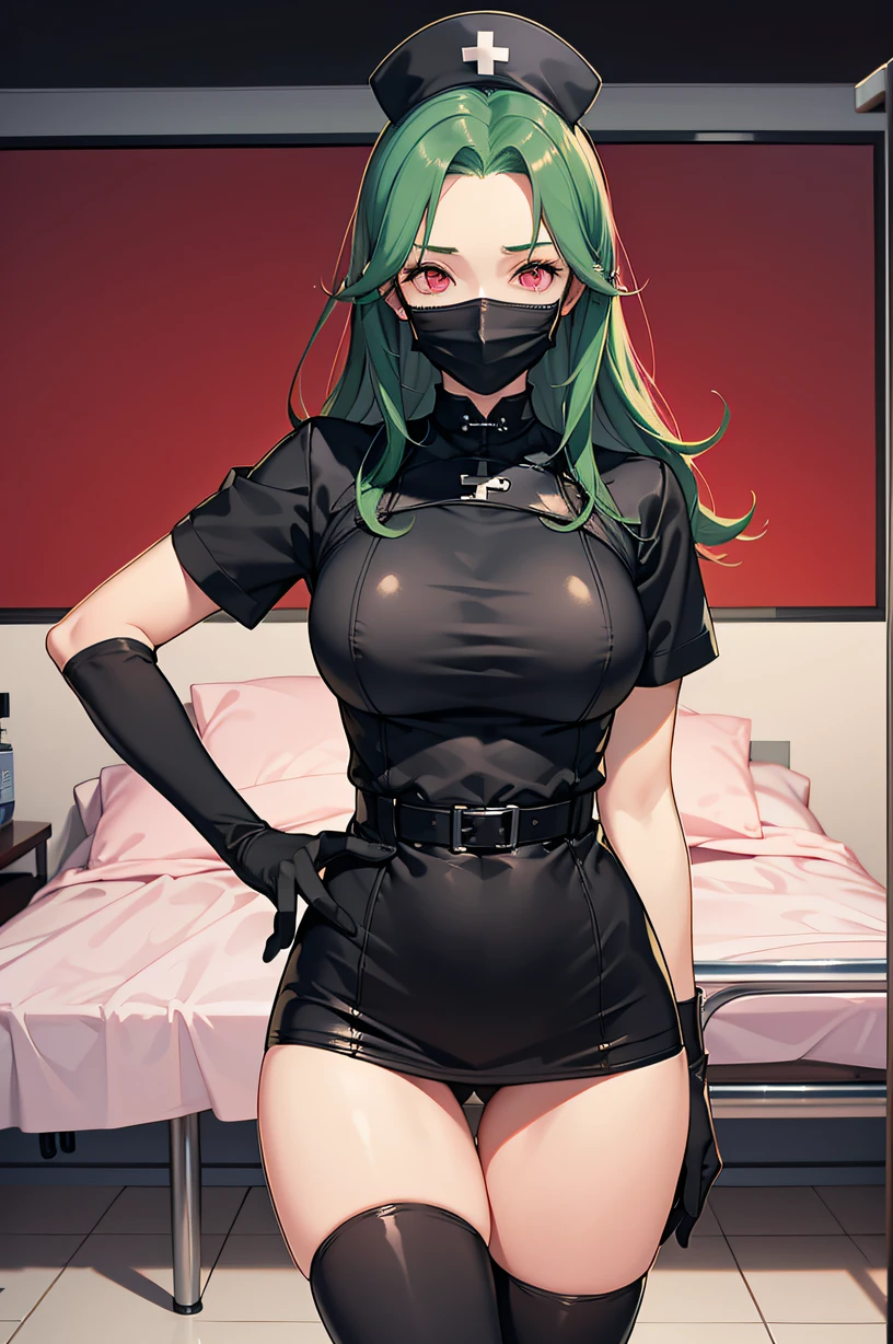 black nurse, 1woman, solo, black nurse cap, black wear, ((black legwear, zettai ryouiki)), black elbow gloves, forehead, long hair, green hair, pink eyes, ((black surgical mask, covered nose)), standing, ((surgery room)), sharp outline, short sleeves, mature female, 35 years old, best quality, masterpiece