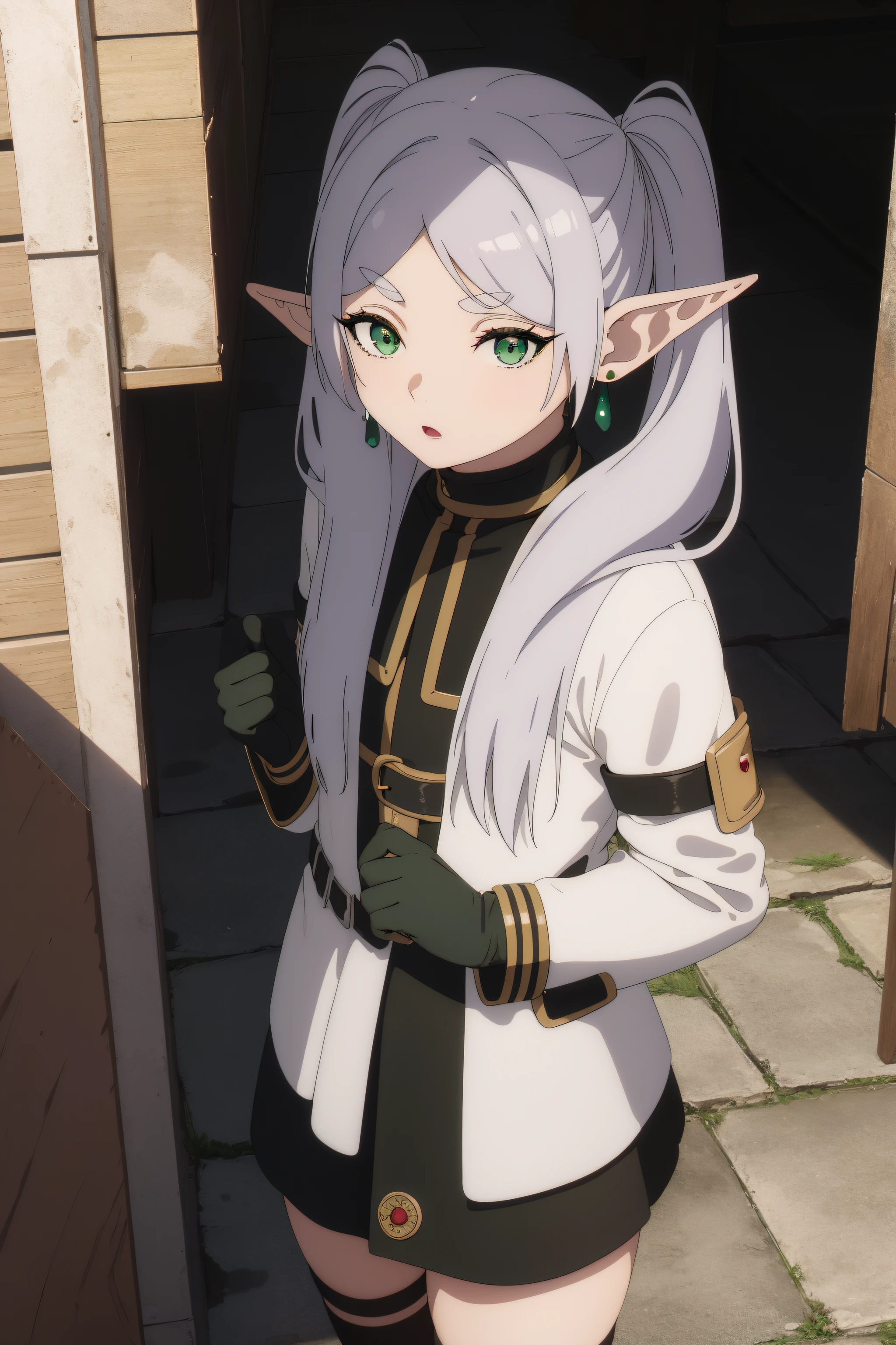 frieren, frieren, long hair, twintails, (green eyes:1.5), grey hair, pointy ears, elf,
BREAK black gloves, elbow gloves, fur trim, dress, coat, High contrast,
BREAK looking at viewer, upper body, (full body:1.2),standing,hand on hip, angry, pov
BREAK outdoors, sky, nature,
BREAK (masterpiece:1.2), best quality, high resolution, unity 8k wallpaper,NSFW ,(illustration:0.8), (beautiful detailed eyes:1.6), extremely detailed face, perfect lighting, extremely detailed CG, (perfect hands, perfect anatomy),