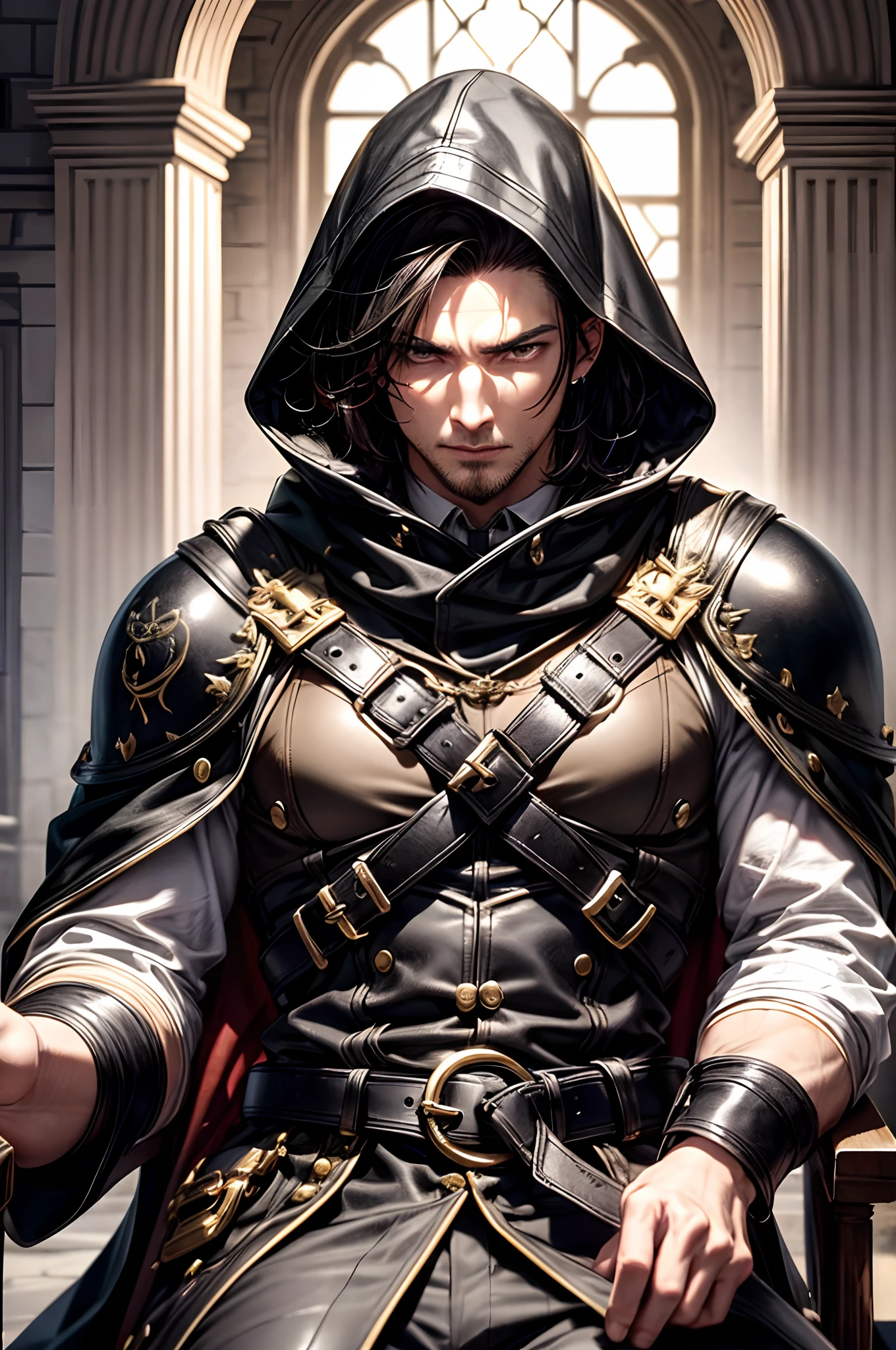 (absurderes, hight resolution, ultra-detailliert), 1 male, Adult, Handsome, High muscular face, broad shoulders, finely detailed eyes, Short black hair, Brown eyes, Black cloak, Wearing a hood, Leather Vest, Leather bag at waist................................, 2 daggers on the belt, castle, Medieval atmosphere, Natural Light and Shadow, Bright particles fly around a person, Fantastic, Mysterious, Bright glow, Seated Pose, Serious expression, Cold, thoughtful, Mouth Shut
