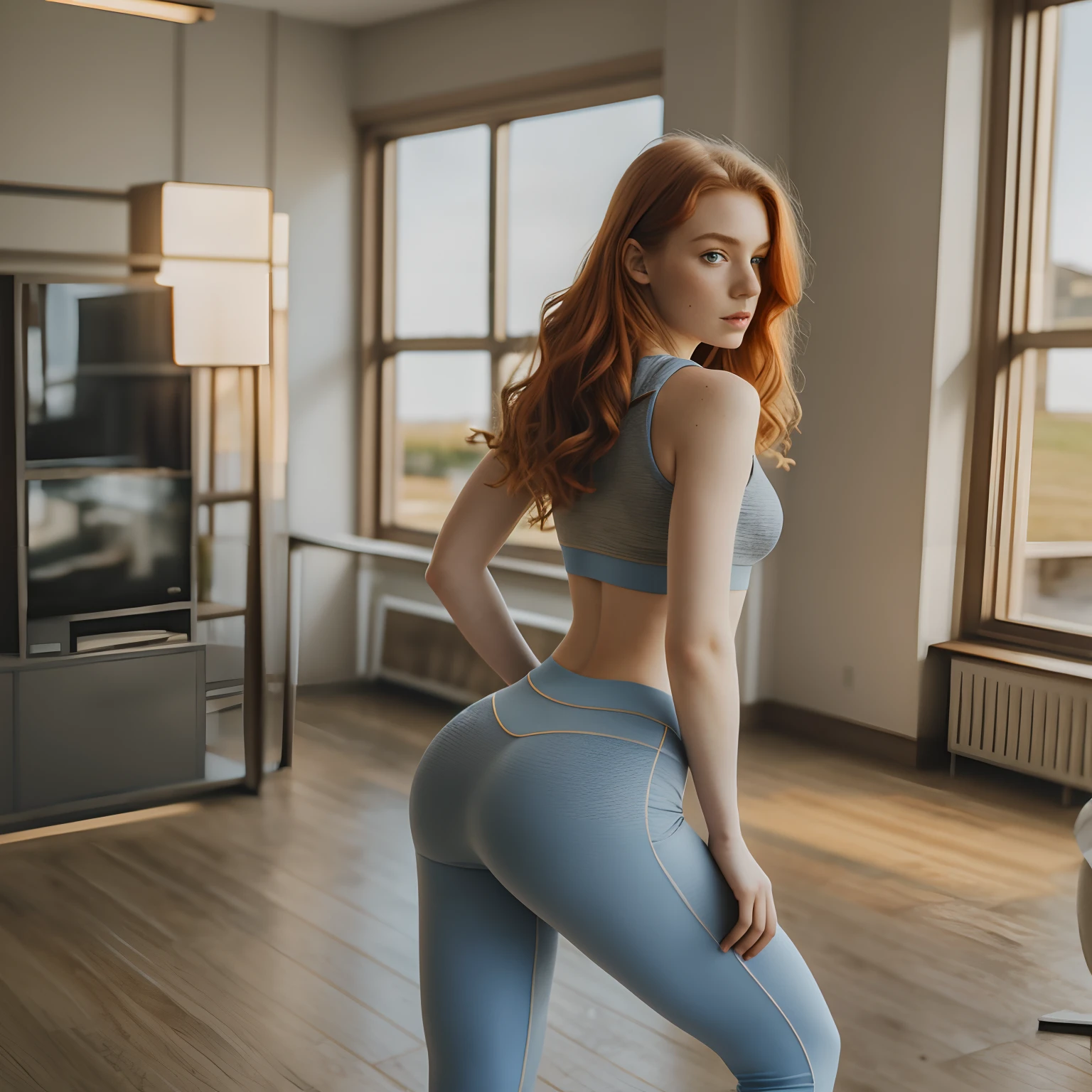 1girl in, age19, Solo, Aesthetic artwork, irish  redhead, wavy ginger hair, shoulder length ginger hair, gray eyes, light grey eyes, some small freckles, pale skin, A-cup, full breasts, runners body, arched back, behind, fullbody shot, (textured skin, skin pores:1.1), (moles:0.8), imperfect skin, goosebumps, (wearing blue crop top hoodie: 1.15), (wearig hot leggings: 1.25), (don't look back: 1.2), looking away, (extremely detailed 8k wallpaper), soft lighting, high quality, film grain, Fujifilm XT3 sharp focus, f 5.6, 50mm, High Detail, Sharp focus, (natural light),  crazy details, complex details, hyperdetailed