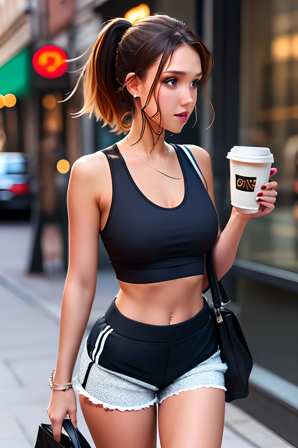 JESSICA Alba, there is a woman standing on the sidewalk holding a cup of coffee, bra and shorts streetwear, tight black tank top and shorts, sport bra and shorts, sport bra and dark blue shorts, wearing a cropped black tank top, wearing a black cropped tank top, wearing a tank top and shorts, croptop and shorts