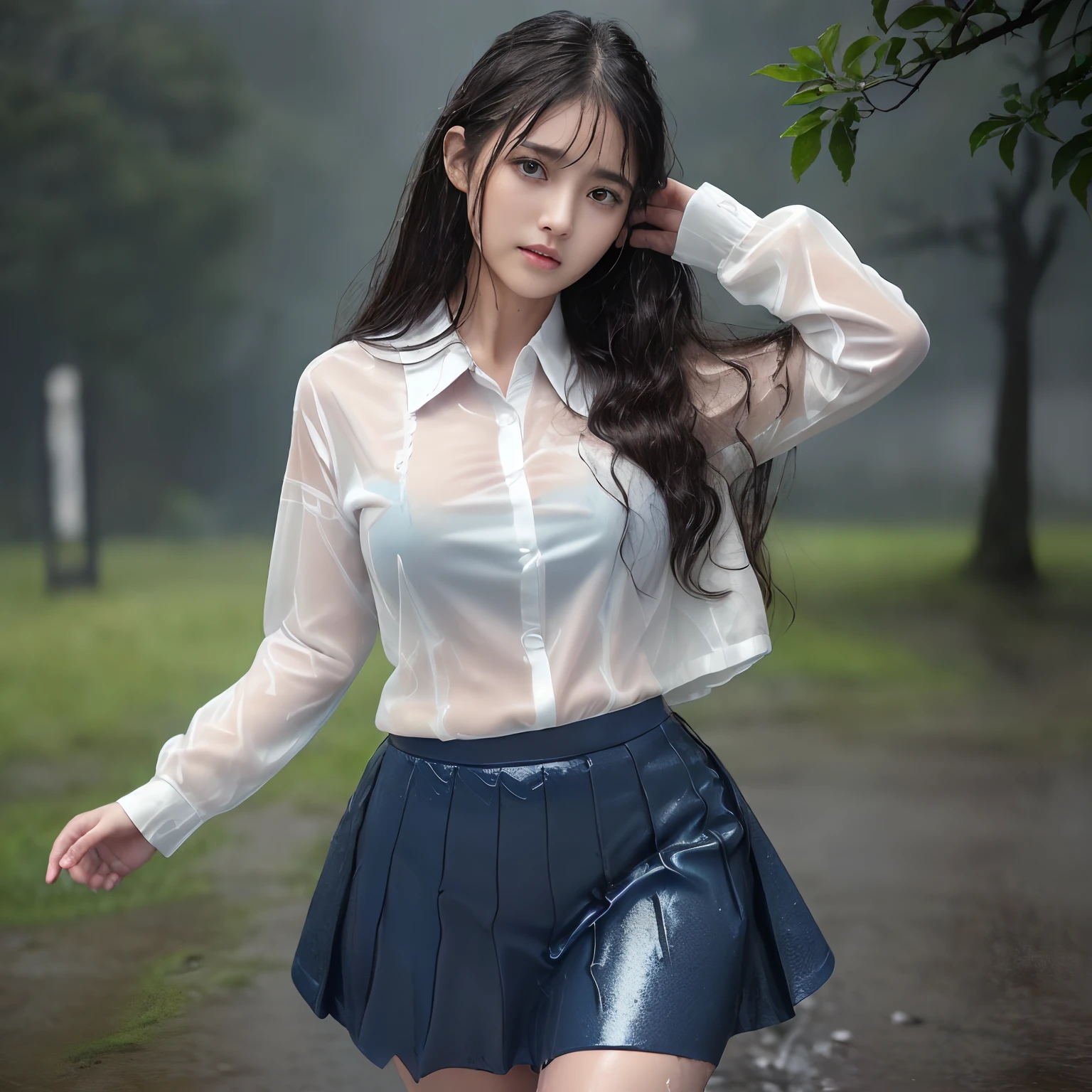 (((Best Quality, masutepiece, 超A high resolution、The most complex and detailed depictions))),((1 schoolgirl))、((((Depict very soaked hair and clothes in the most intricate and perfect way))))、((Uniforms covered in water all over the body))、((Alone in the city))、((Sad face、feeling of despair、face that seems to cry、terrified expression))、((Complex and detailed real rain))、((Very heavy rain))、((Very intense and complex rain))、(((There is a huge crack in the ground、The ground cracks widely, revealing strata)))、((A big flash of lightning flashes in the sky))、((One giant lightning bolt in the sky))、((Very heavy rain))、((Ōlan))、((Fallen trees and debris in the background))、((Fallen trees and rubble))、((Wet white uniform shirt))、((The perfect texture of a wet shirt))、((Very intense realistic rain))、((((Drenched hair))))、((((very wet hair))))、(((wet and disheveled hair)))、((Uniforms soaked all over the body))、The skin is faintly visible from the top of the clothes、Wet and see-through skin、((Perfect texture down to the smallest detail of wet clothes))、Countless water droplets adhere to the body、((Underwear that can be seen through the top of clothes))、((((Perfectly expresses the texture of drenched hair))))、((Wet and shiny hair))、((Wearing a dark blue wet skirt))、((Very heavy rain is falling))、((Very complex and realistic lightning))、a dark night、perfect anatomia、Looking at the camera、Looks cold、((Looks very cold))、Lightning flashes、((drenching))、Ōlan