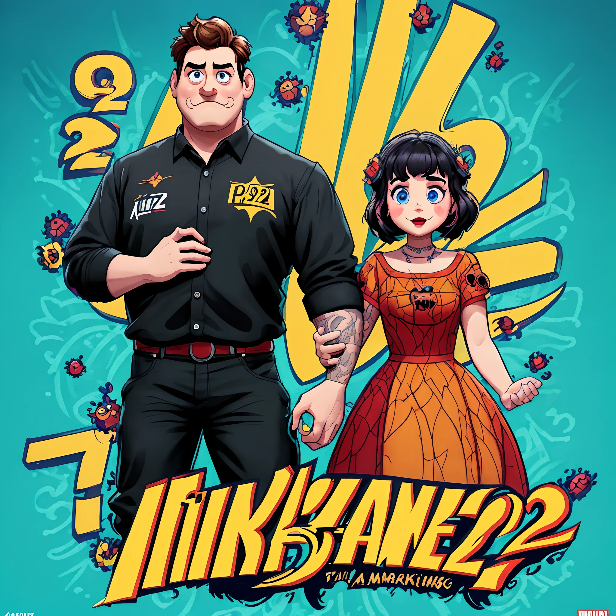 filme Marketing 2023 estilo filmes Pixar, Com nome "A - Marketing", poster, cabelos pretos grande e uma camiseta preta na frente segurando maquiagem , e piercing no nariz olhos pretos