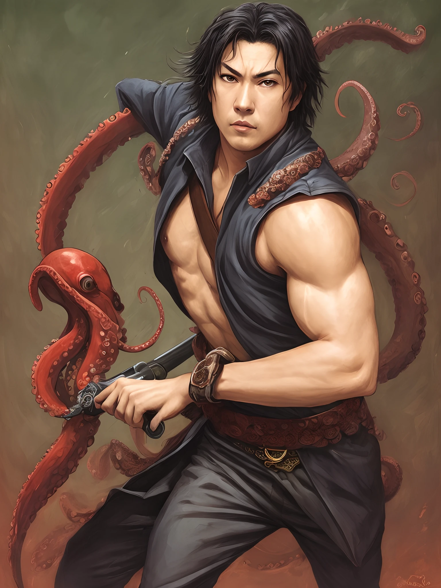 NSFW, (high resolution, Best Quality, Masterpiece, high detailed),
((image of the King of Tekken, rey_tekken7)), wrestling suit, muscular male, muscular, (big penis, big penis:1.2),
((((sweaty)))), ((angry)), ((blush)), (Tentacle bondage, Tentacle BDSM, Tentacle:1.7)
tentacles, tied, content, (tied wrists by tentacles, tied torso by tentacles, pendant), Lying on the front,