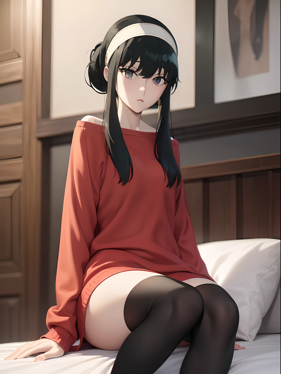 masuter piece, Best Quality, 超A high resolution, top-quality, Anime style, Yol･Forger, Spy Family, (1girll:1.3), Red Knitwear, Drop shoulder, black-green hair, White headband, Hair UP, Long black stockings