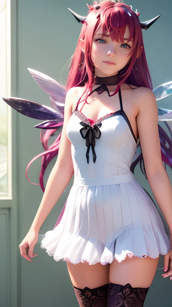 hyper realistic, natural warm lighting, a 16 year old cute girl, beautiful model, smooth skin, facing viewer, playful smile, standing, thigh, IrysHolo, IrysBase, heterochromia, long hair, white dress, thighhighs, bare shoulders, white dress, flower, detached sleeves, halo, detached wings