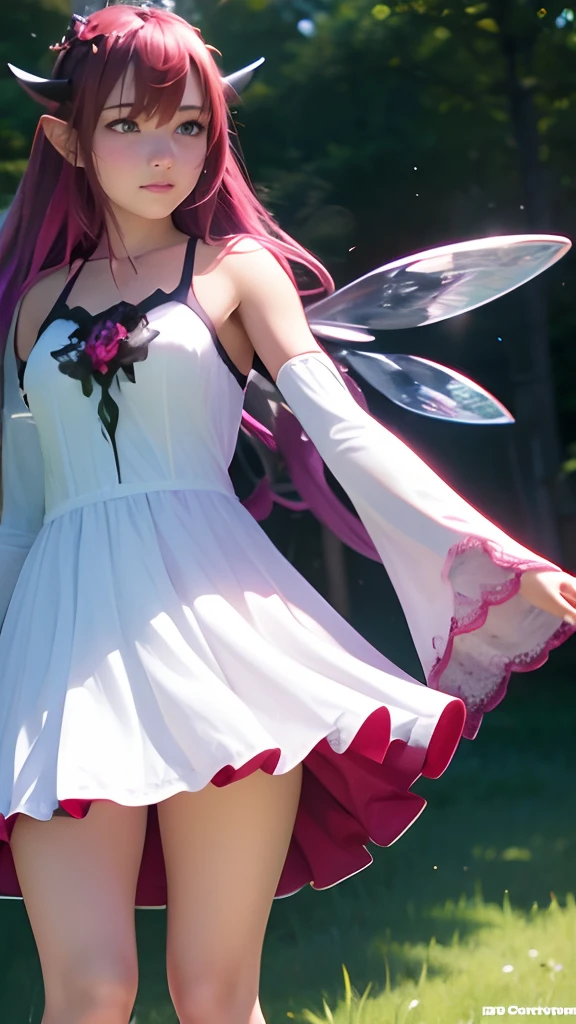 hyper realistic, natural warm lighting, a 16 year old cute girl, beautiful model, smooth skin, facing viewer, playful smile, standing, thigh, IrysHolo, IrysBase, heterochromia, long hair, white dress, thighhighs, bare shoulders, white dress, flower, detached sleeves, halo, detached wings