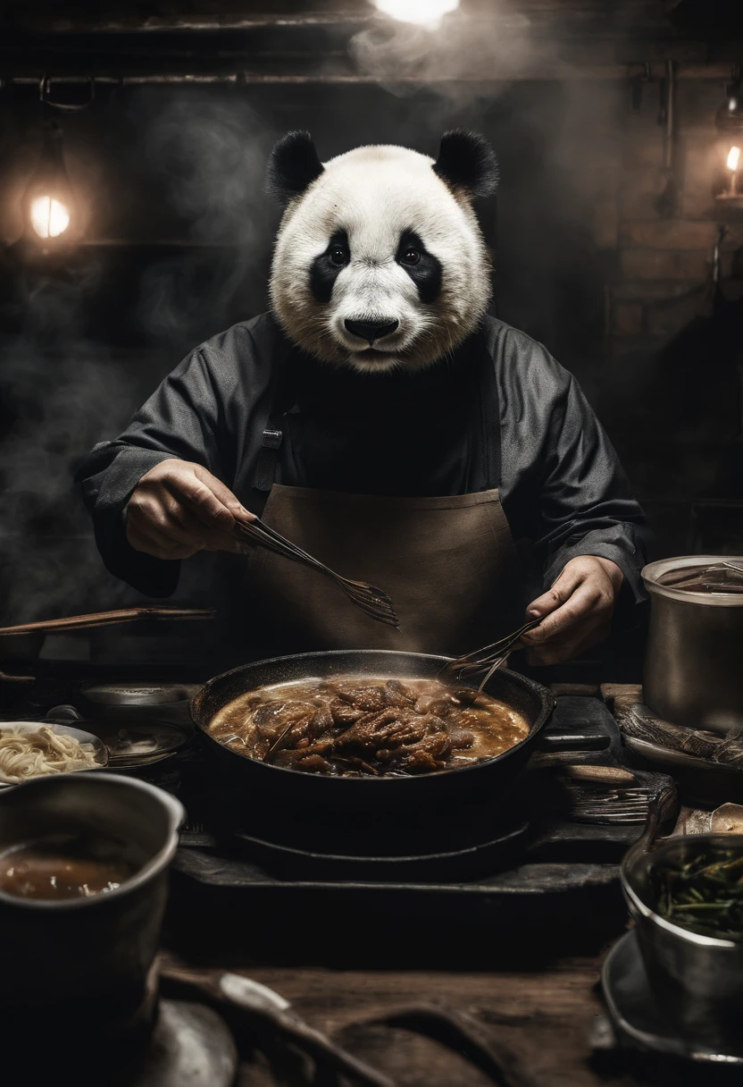 Capture a touching moment, When a giant fluffy panda in a chef's apron, with a Prvar cap on his head,  Standing behind the stove in the restaurant., Crowded restaurant, Old Vintage BD Restaurant, People stare at him, Savoring a plate of nasi lemaka, Fried Chicken, and a glass of ice-cold cute. A panda's face should glow with pure happiness and wonder, With a mouthful of Naxi Lemak, It's like trying this favorite Malaysian dish for the first time, 4k, dramatic  lighting, tension, Smoke effect, A lot of smoke, The kitchen is lit in the background,