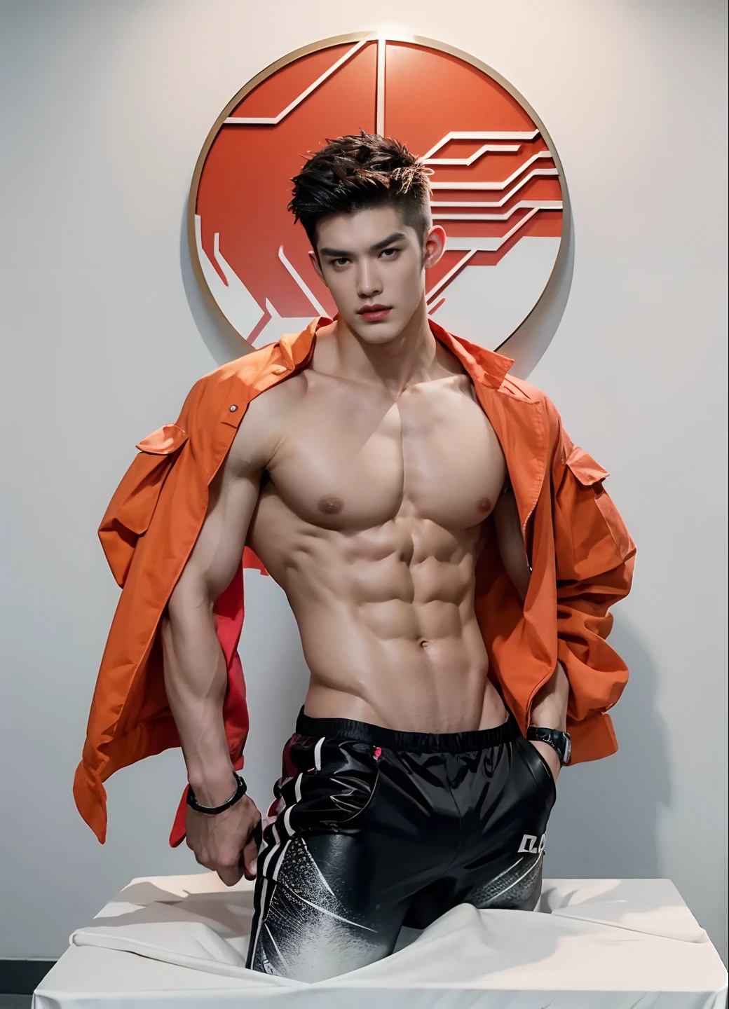 Sculpture design,Figures,GK model,male people,(The whole body of the character),Expose muscles,(sexy for),(Exquisite base),Wu Yifan,The color is bright,Rich in color,Handsome cybernetic boy looking at camera lingerie detailed muscular reality masterpiece,musculous,