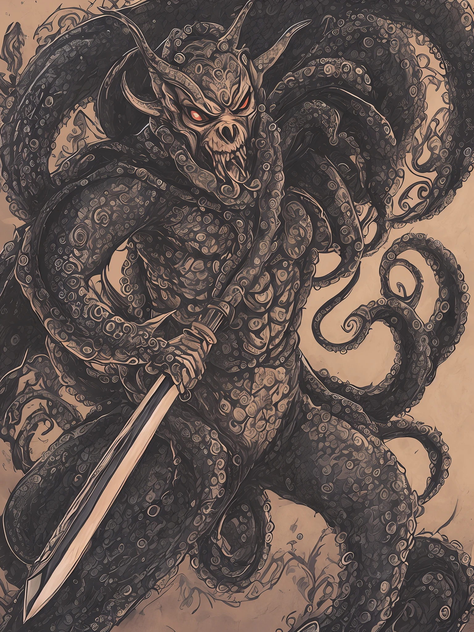 octopus humanoid pirate oni wielding a katana with each appendage